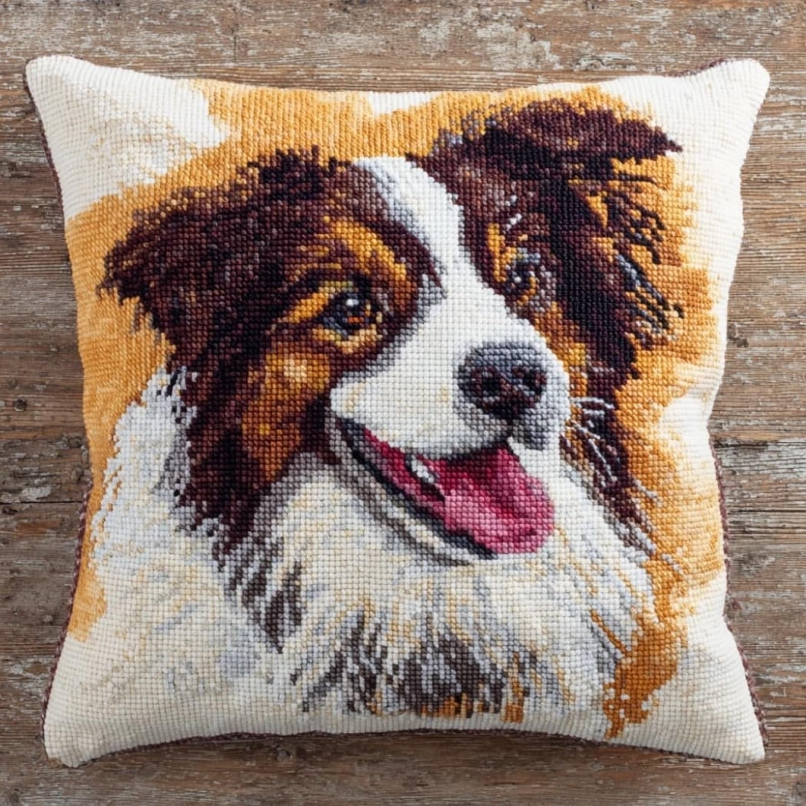 WallustrioaW DIY Embroidery Cross Stitch Cushion Kit,Smiling Dog,Tapestry Pillow kit 45x45cm Stitch Set for Living Room Sewing Supplies Adults Beginners Gift