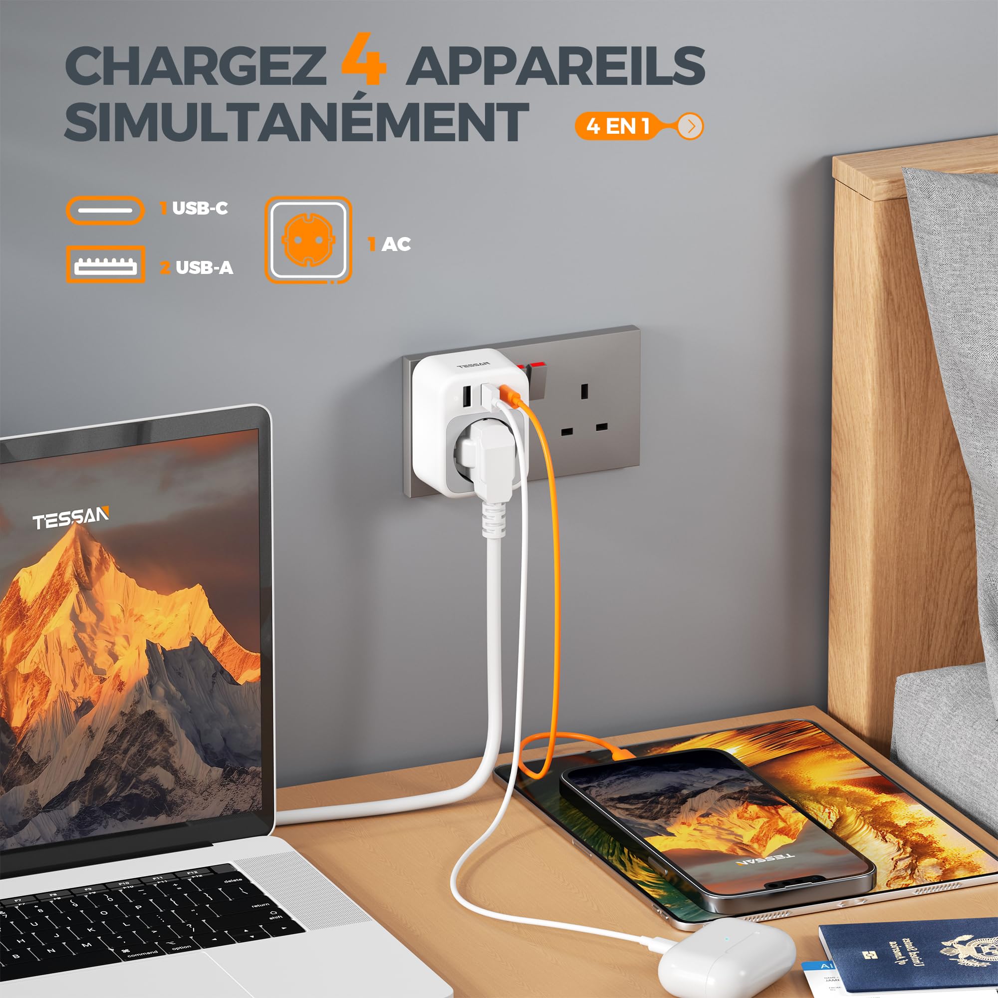 TESSAN Adaptateur Prise Anglaise, 4 en 1 Prise Irlande avec 1 USB C et 2 USB A, Adaptateur Type G France vers UK Écosse Dubai Malte Malaisie Chypre Arabie Saoudite Maldives