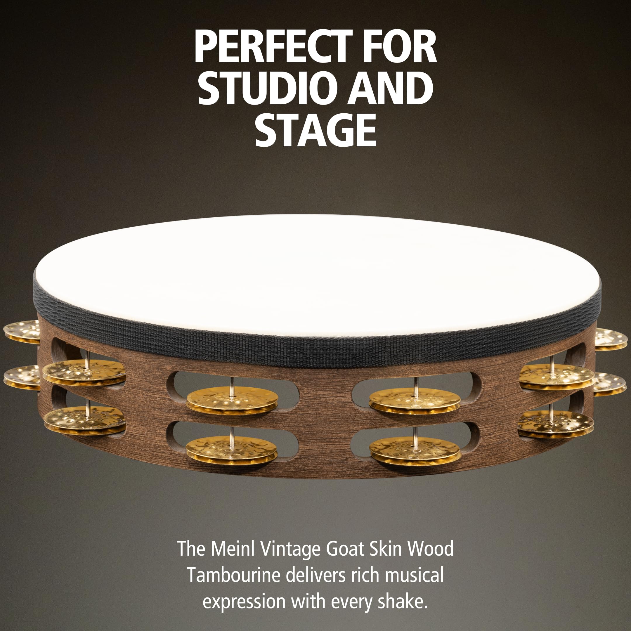 Meinl Percussion Vintage Headed Tambourine - 2-reihiges Tamburin - Durchmesser 10 Zoll - Siam Eiche / Messing, Walnut Brown / Natur (TAH2V-WB) | Tamburin mit 2 Reihen Jingles, Durchmesser 10 Zoll, mit Ziegenfell, Holz und Messing