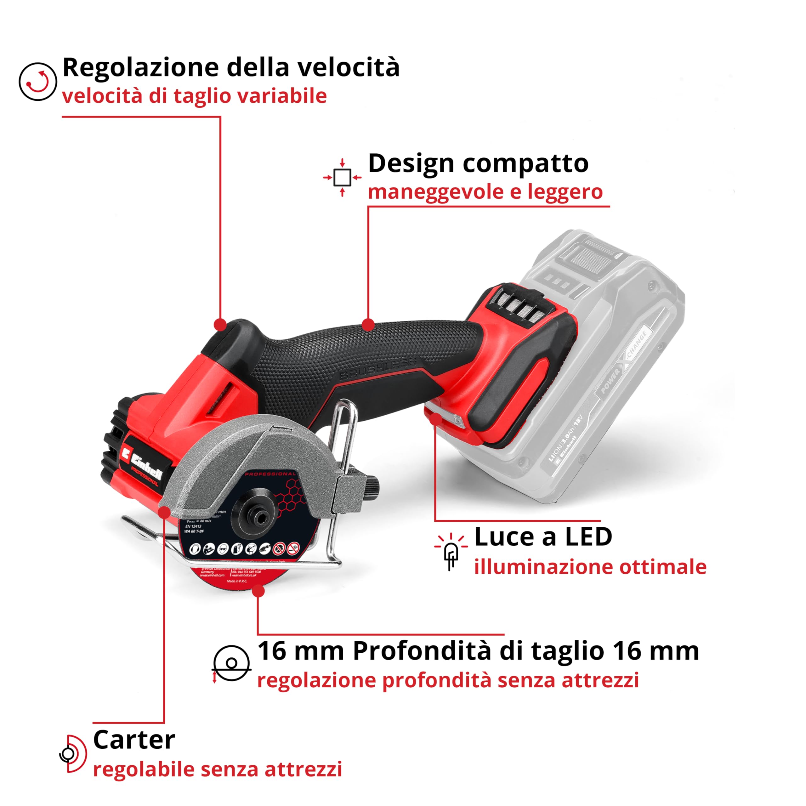 Smerigliatrice Einhell Professional TP-CO 18/76 Power X-Change (18 V, brushless, disco Ø 76 mm, profondità di taglio 16 mm, impostazione profondità di taglio, incl. 4 dischi, batteria esclusa)