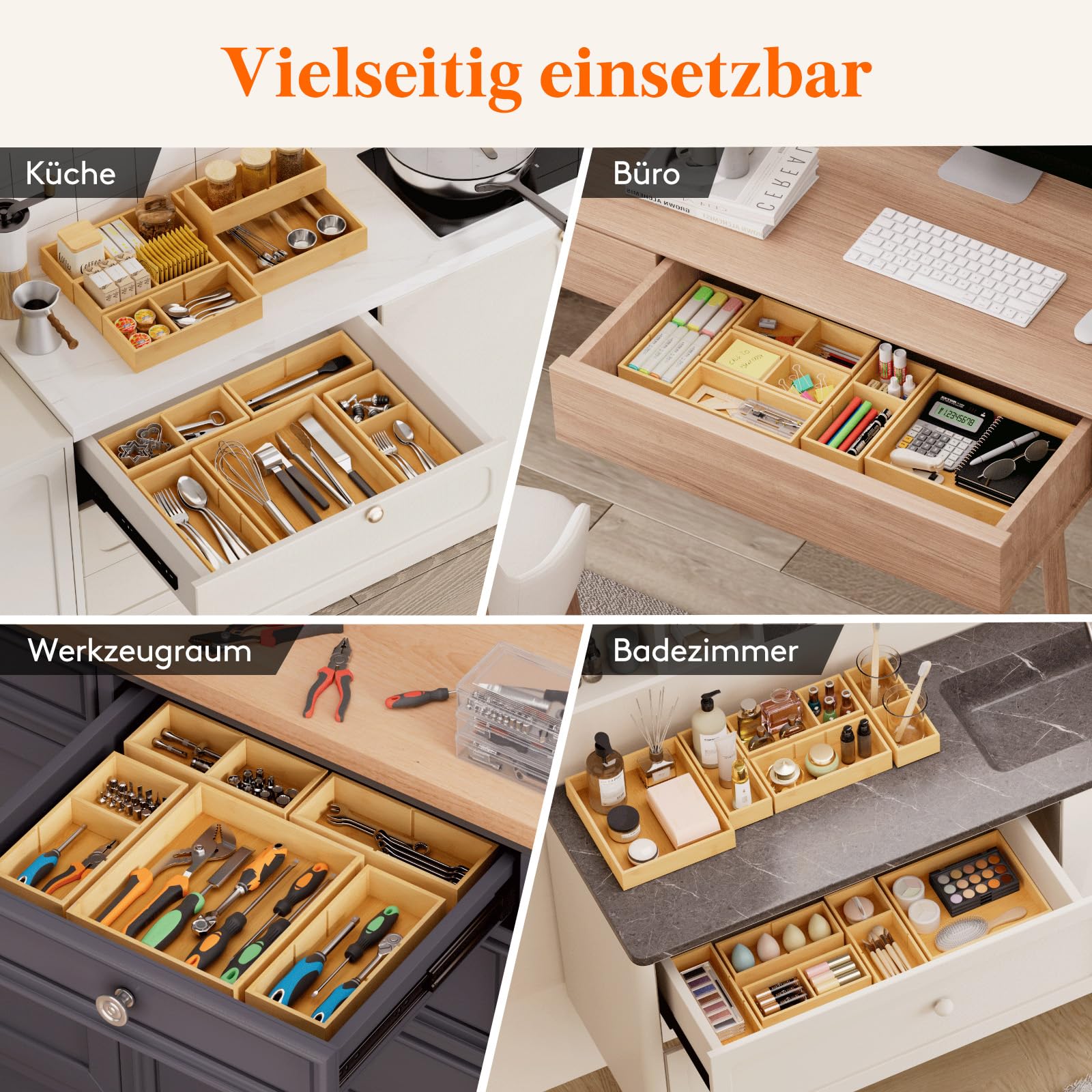 Lifewit 10er-Set Schubladen Organizer mit 6 Einsätzen, Verstellbare Aufbewahrungsbox mit 11 Fächern, Schubladenteiler aus Holz für Küchenutensilien, Schminktisch organizer, Make-up, Büro, Badezimmer