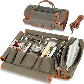 OUUTMEE Kit de barman de viagem com conjunto de coqueteleiras de 22 peças, bolsa de transporte de lona encerada com conjunto de ferramentas de barra de aço inoxidável, kits de bartenders dobráveis