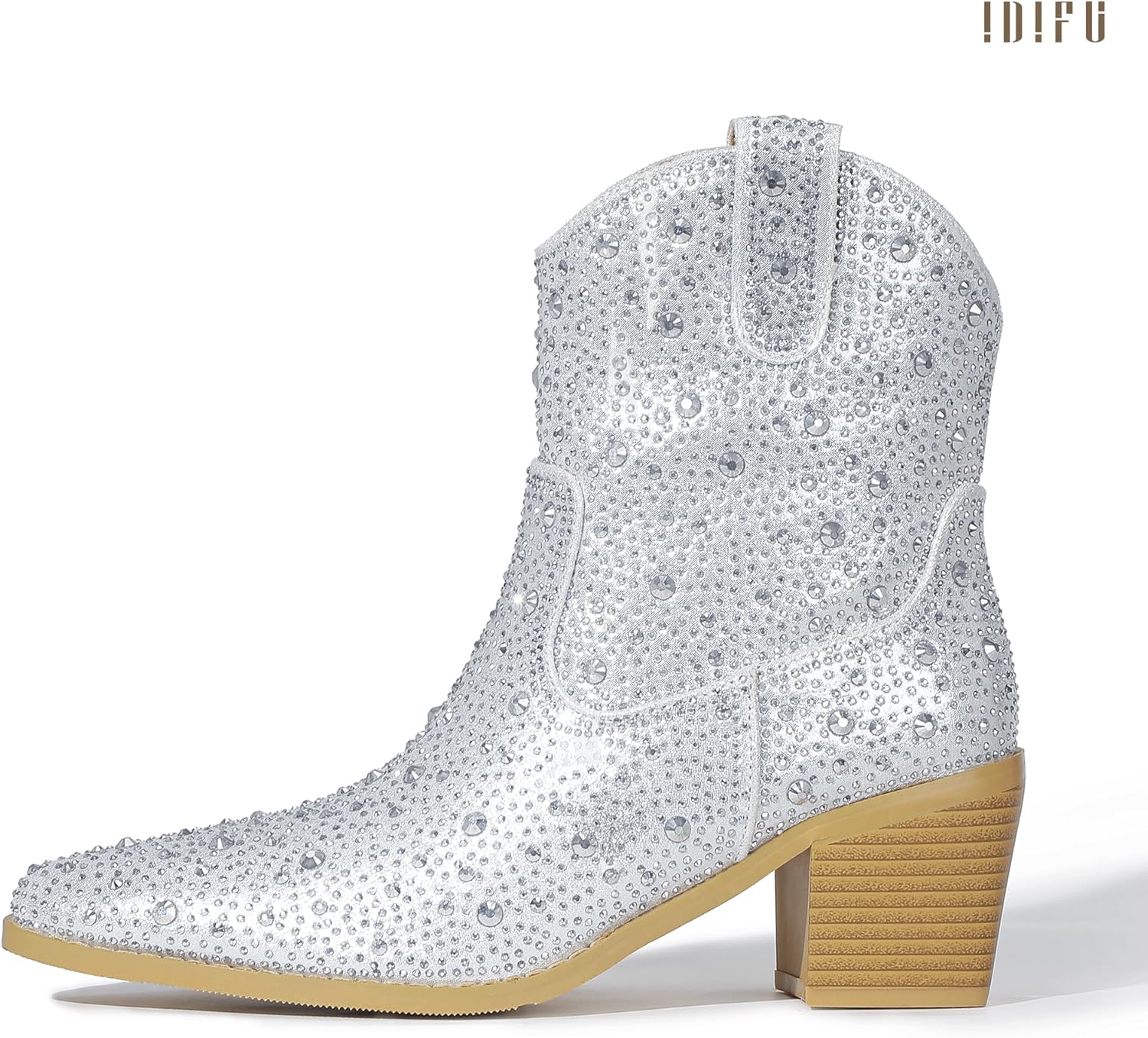 IDIFU IN2 Womens Booties Cowgirl Cowboy Rhinestone Ankle Boots for Women Low Short Block Heel Pointed Toe Slip On Fall Booties Ladies Western Sparkly Glitter Disco Wedding Fashion Dressy Boots