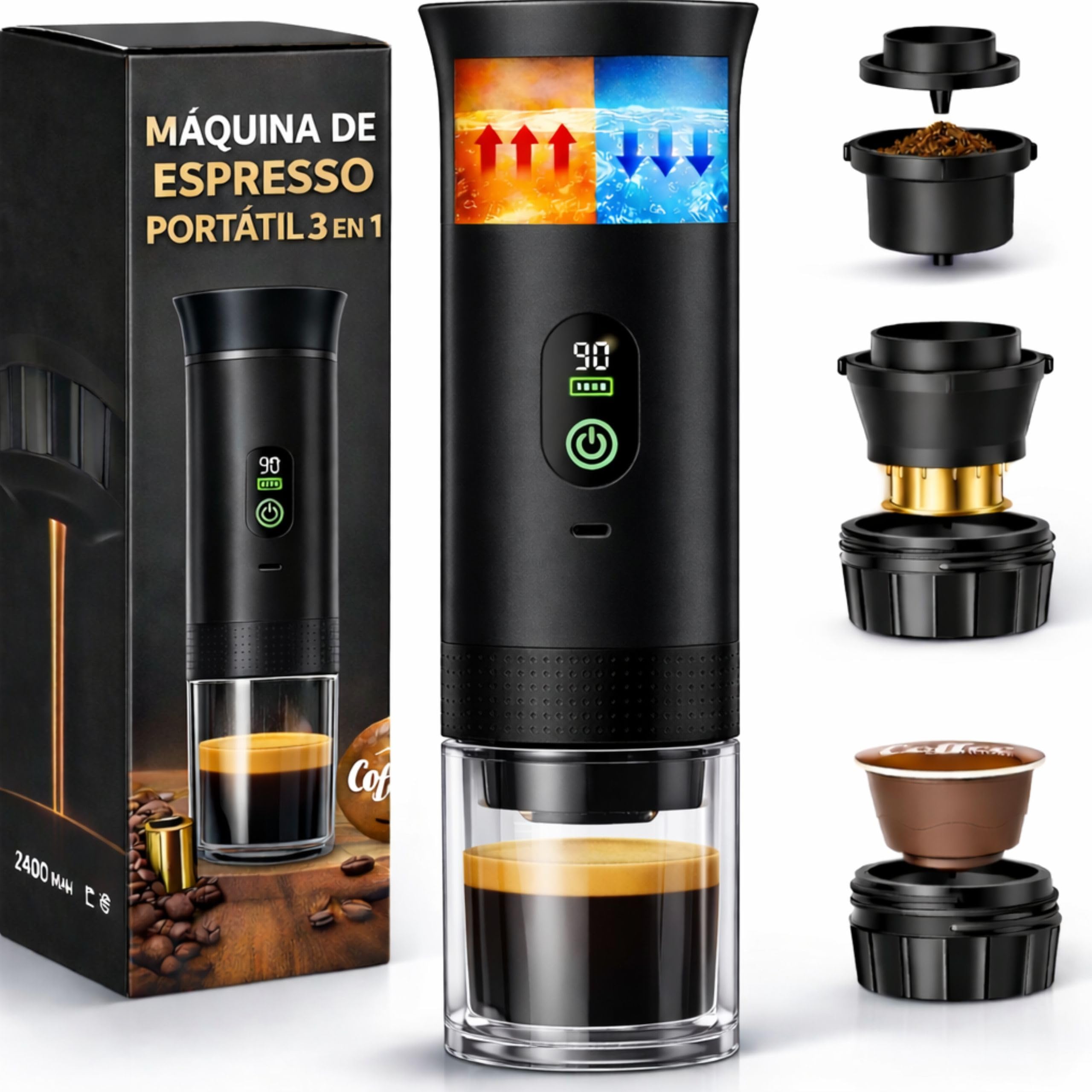 Cafetera Portatil Capsulas compatible con Nespresso Dolce Gusto y Café Molido - Versión Mejorada 2026 - Coffe Machine - Maquina de Cafe Portátil de Cápsulas Universal Con Pantalla LED y Más Capacidad