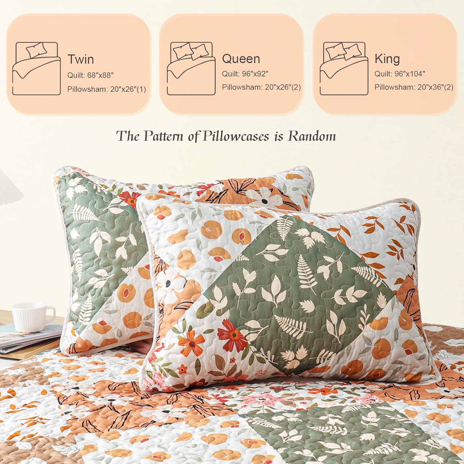 Whale Flotilla Patchwork Quilts Queen Size, Extra Soft Boho Floral Bedspreads for Bed Reversible Lightweight Full Queen Quilt Bedding Set Printed Coverlets with 2 Pillow Shams for All Seasons, Orange - Image 6