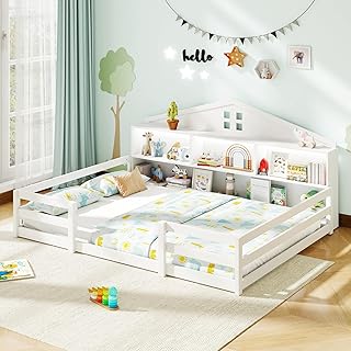 Giantex Full Size Montessori Floor Bed with LED Lights, 2-in-1 Wooden House Bed Frame with Safety Guardrails, Storage Compartments & Shelf, No Box Spring Needed, Without Slats, White