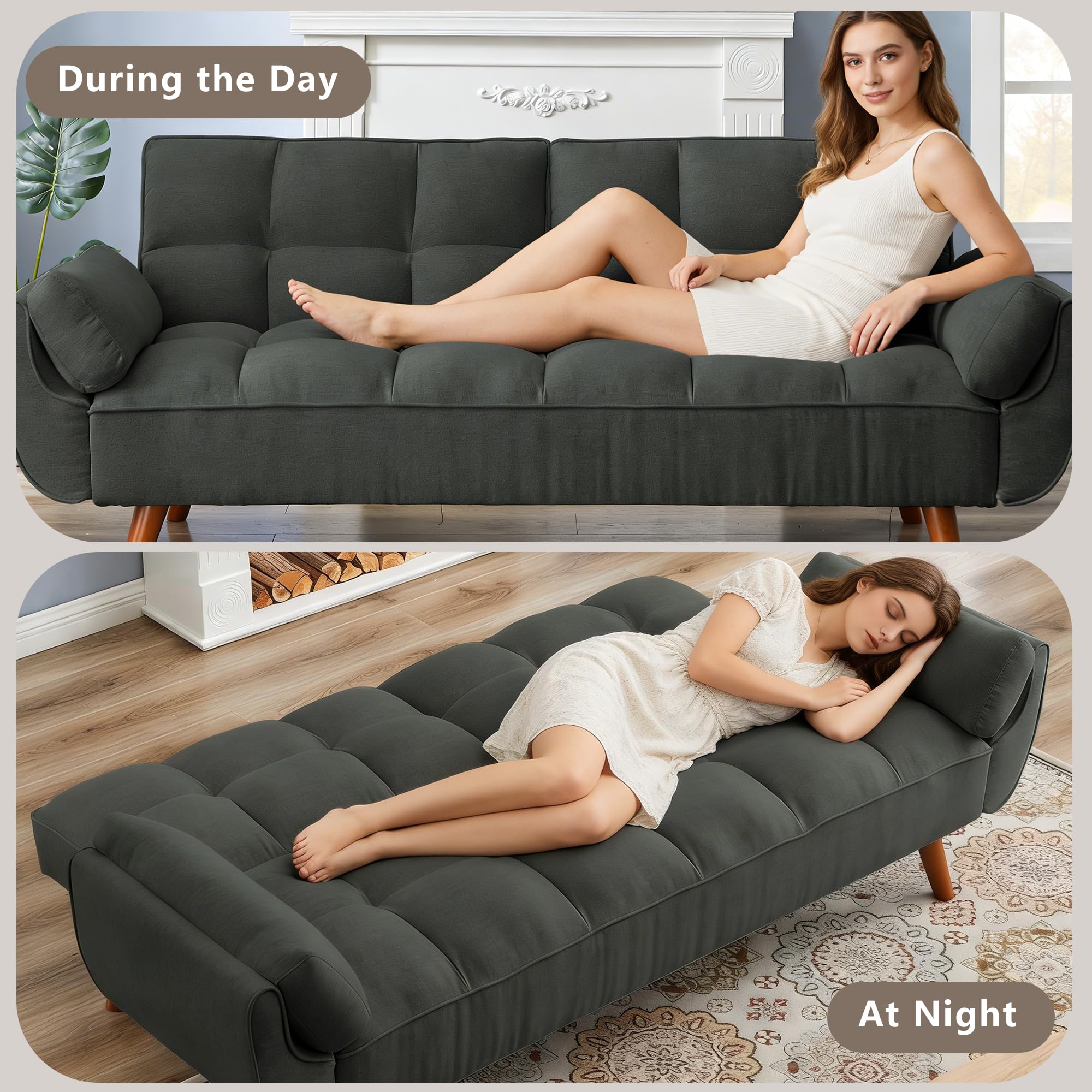 Futon Sofa Bed Modern Convertible Sleeper Sofa, 75” Linen Twin Size Futon Couch Comfy Recliner Sofa Couch with Adjustable Split Backrest for Living Room Small Spaces, Dark Grey