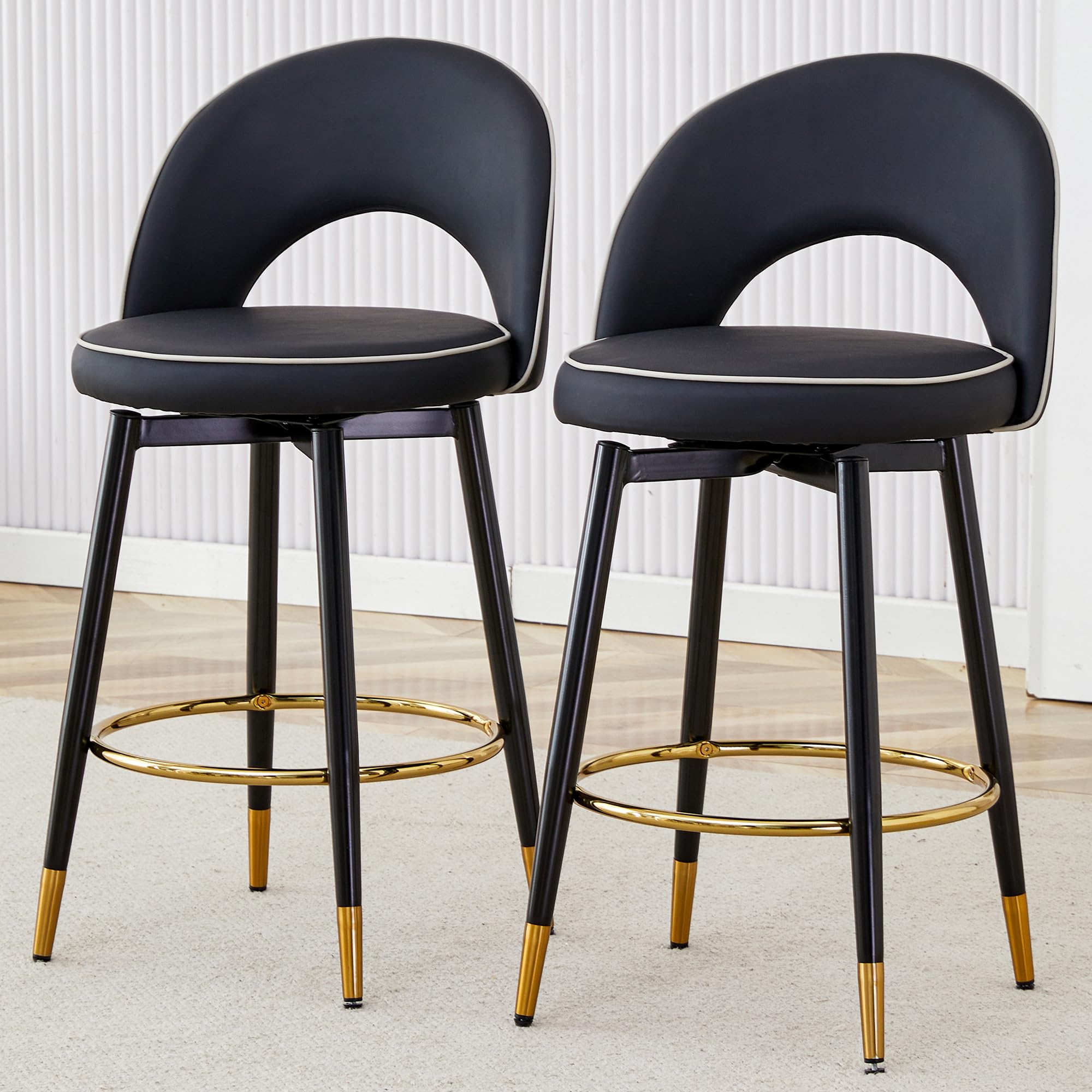 Bar Stools for Dining Room, 2PCS Counter Stools with Smooth and Beautiful Metal Legs 360 ° Rotatable PU Comfortable Upholstered Swivel Bar Stools for Guest Office Chair (Black + PU + Bar Stools)