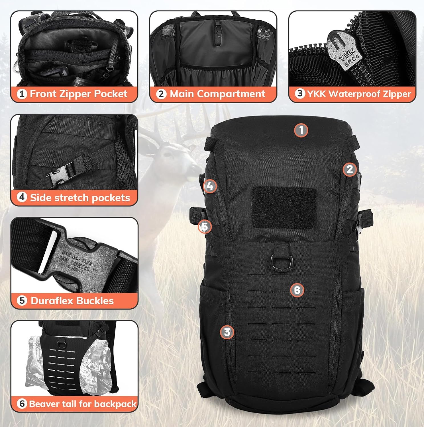 Waterproof Hunting Backpack, Full-Zip Hunting Pack with Rain Cover, Hunting Day Pack for Rifle Bow Gun