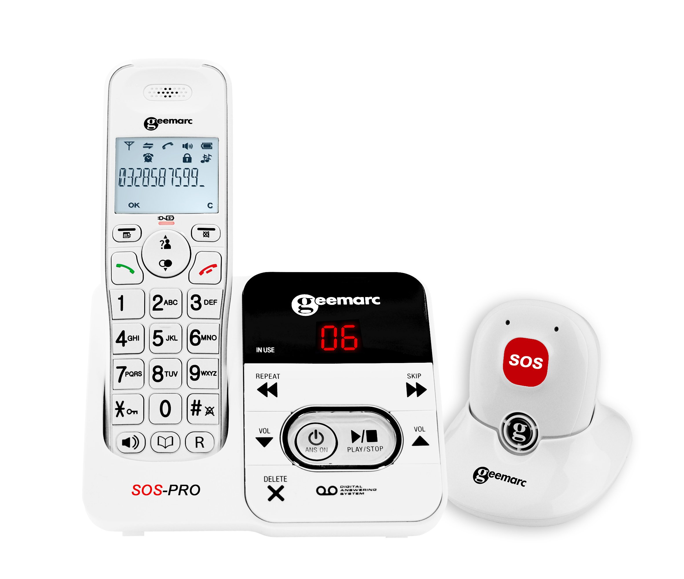 Geemarc Amplidect 295 SOS Pro - Teléfono Inalámbrico Amplificado y Medallón SOS con Contestador y Teclas Grandes para Personas Mayores - Pérdida Auditiva Baja o Moderada