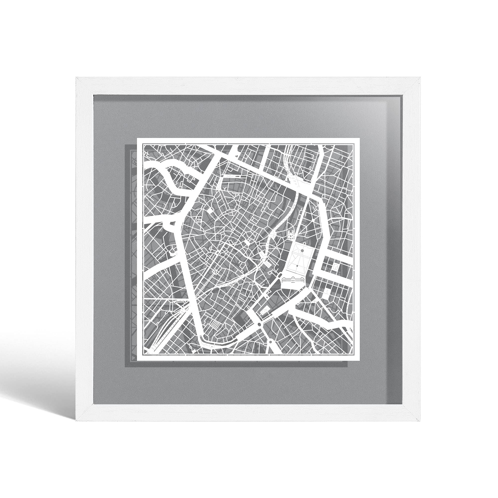 O3 DESIGN STUDIO Brussels Paper Cut Map framed, White map, White frame, 23x23 cm, Gift Boxed, 4 background color, self-changing, Paper Art