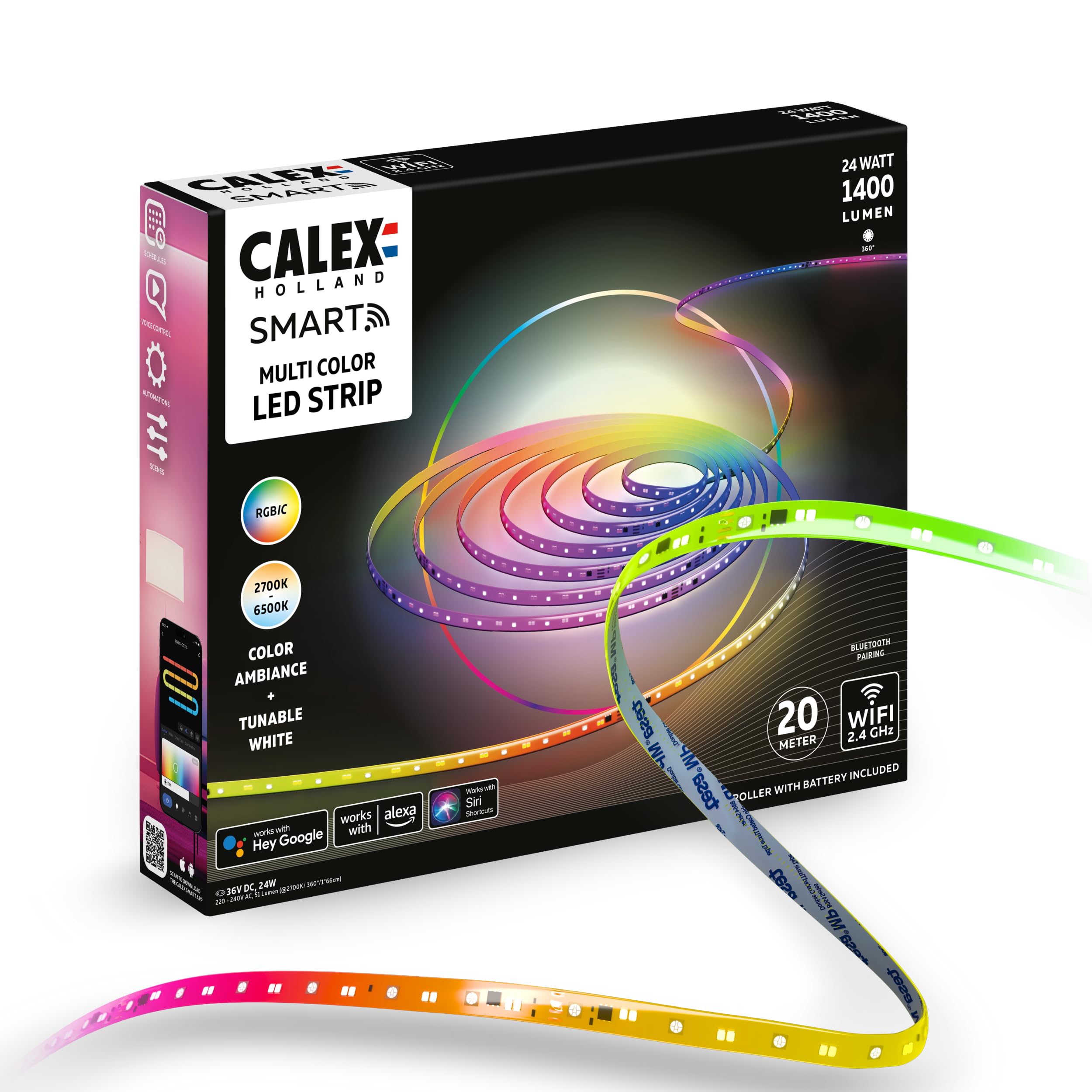 CALEX Smart LED Streifen, 20 m, RGBIC-Farben, flexibel & zuschneidbar, dimmbar, WLAN App- & Sprachsteuerung, inkl. Fernbedienung