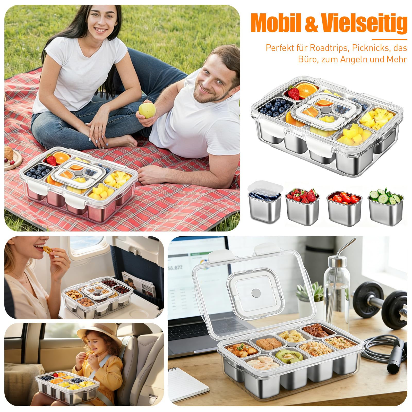 Snackbox mit 8 Edelstahl Fächern Tragbar Snack Aufbewahrungsbox mit Deckel und Griff, Auslaufsicherer Snackdose Organizer für Snacks Süßigkeiten Keksen Dessert GemüseNüsse Obst Gewürze