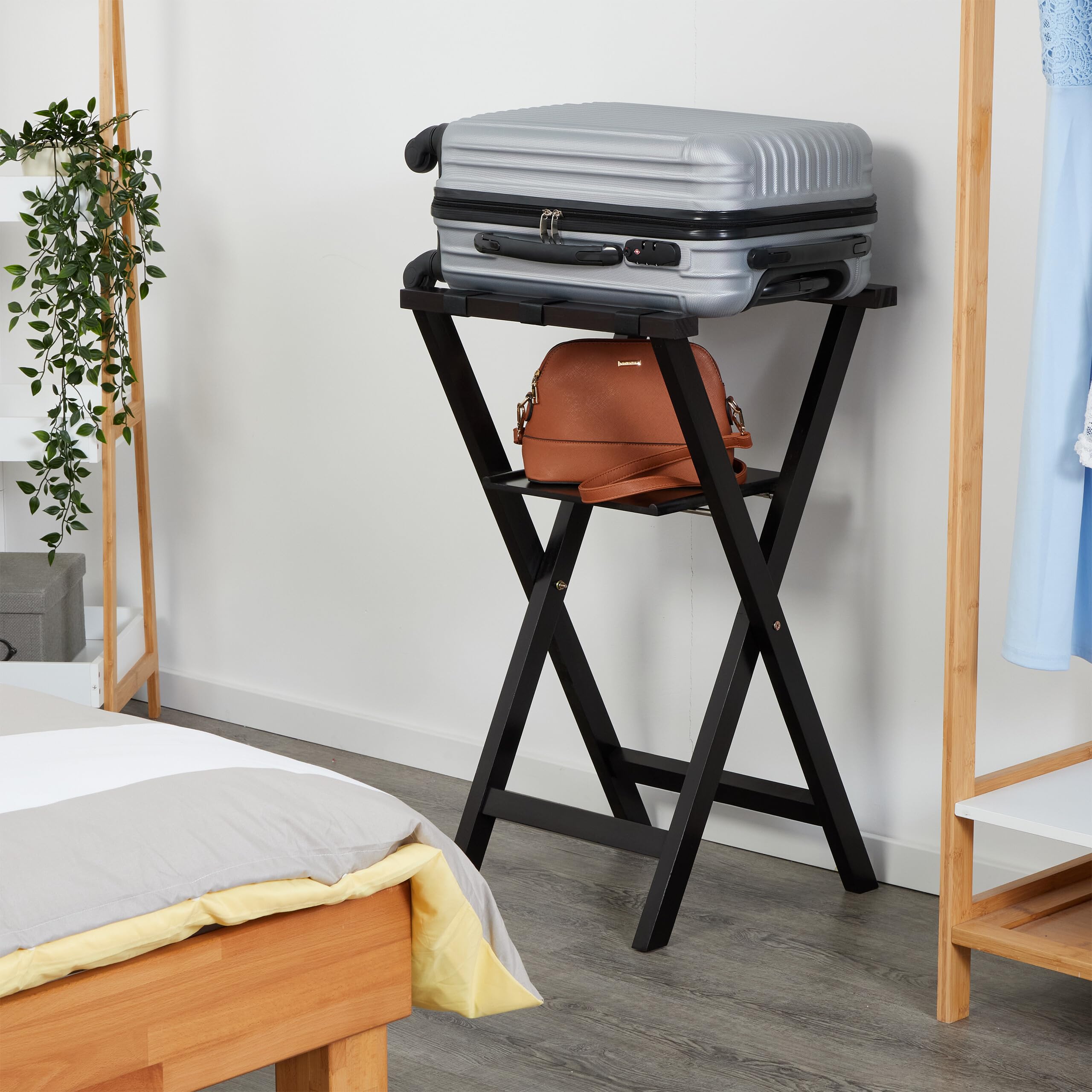 Relaxdays Porte-Bagage, Pliable, Bois de pin, HxLxP: 81x46x43 cm, avec Petite étagère, Support Sac Voyage, hôtel, Noir