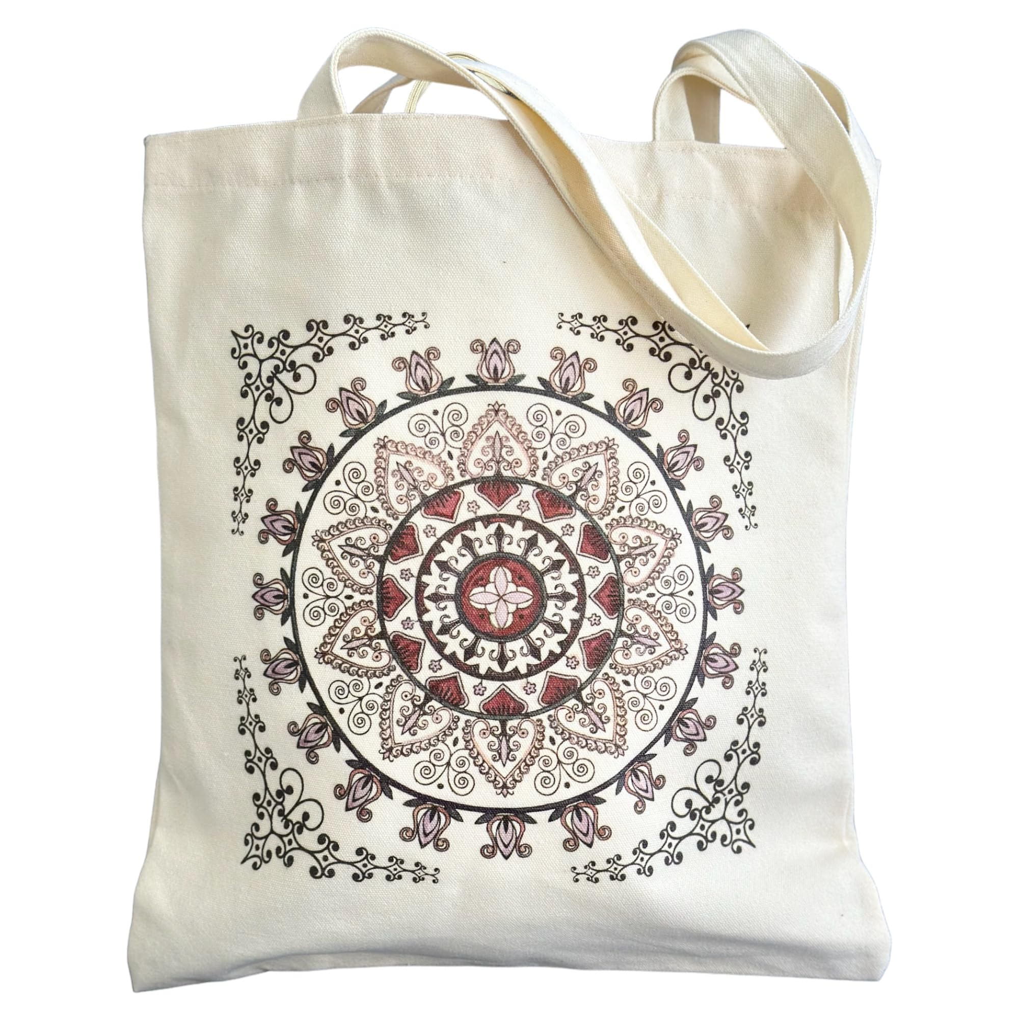 LUCKY LAMA 100% Cotton Canvas MANDALA Tote Bag, a reusable, eco-friendly, sustainable accessory for Grossery, Shopping, Yoga, Gym, etc. Measuring at 15.7"" x 13.5""., Medium, Off-white