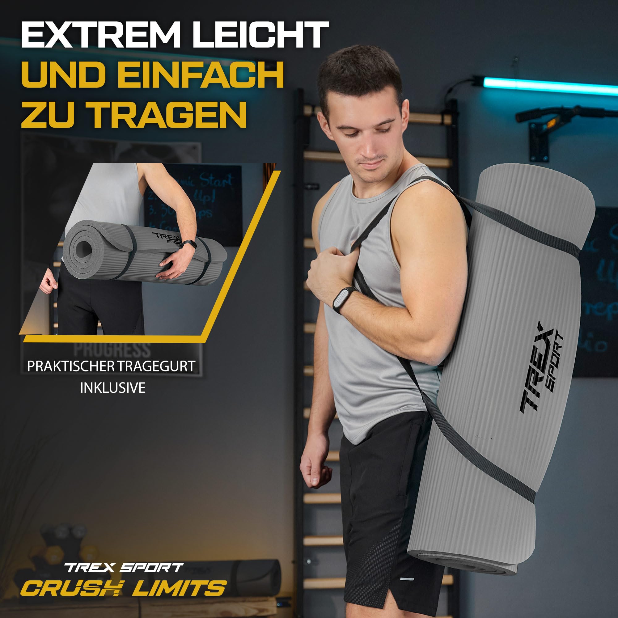 TREX SPORT Gymnastikmatte 2cm extra dick Fitnessmatte Sportmatte 190x80x2cm | NBR Yogamatte Pilates, Trainingsmatte rutschfest, wasserdicht, weich