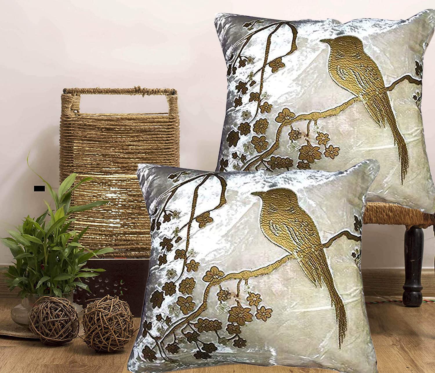 MANVI Velvet 250 TC Golden Sparrow Cushion Cover, 24x24 inch, Beige/Cream, Set of 2 Piece