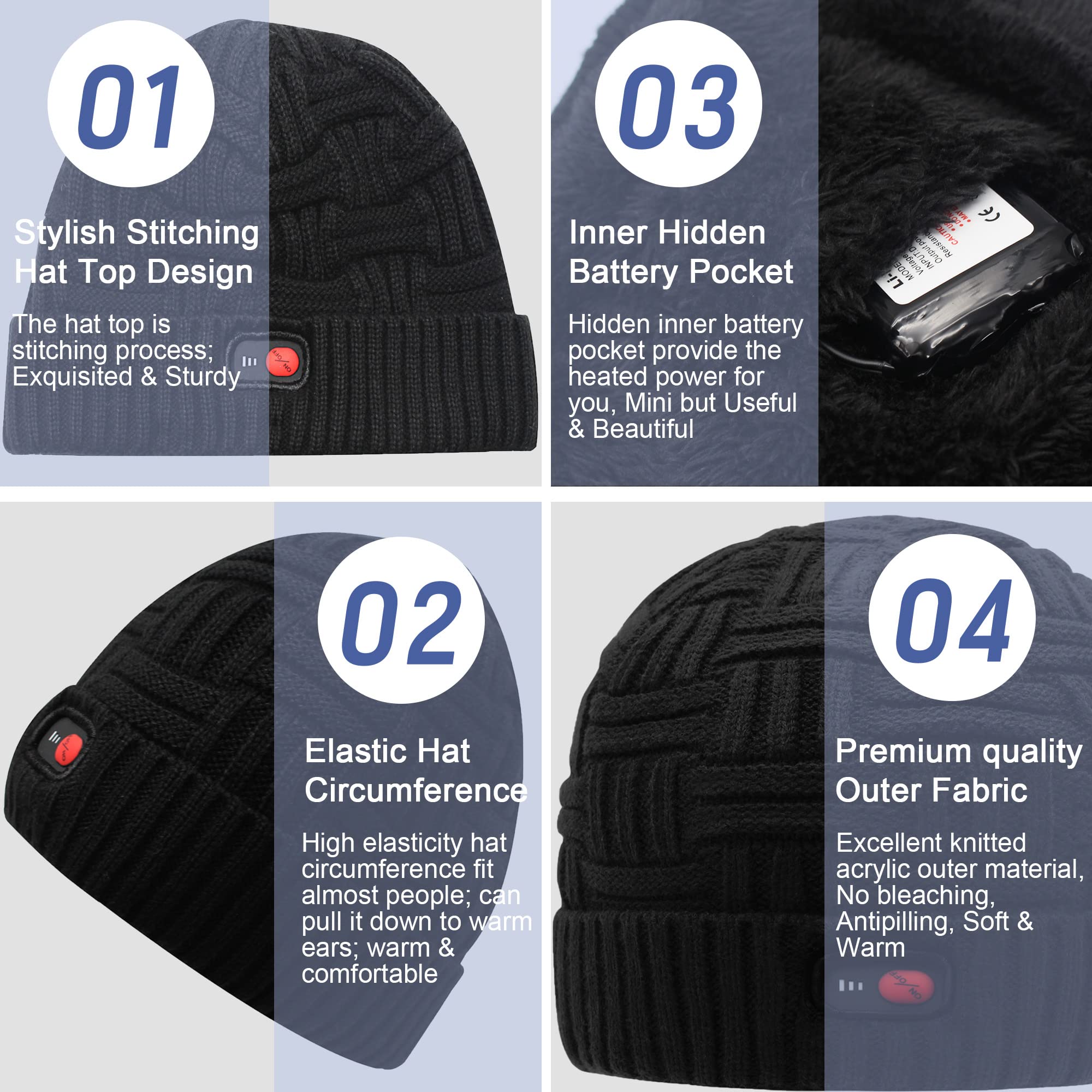 Svpro Gorro calentado con batería recargable de 7,4 V, batería de polímero de litio que dura hasta 3-7 horas, gorro eléctrico calentable para mujeres y hombres, gorro calefactor, Negro-Z, L