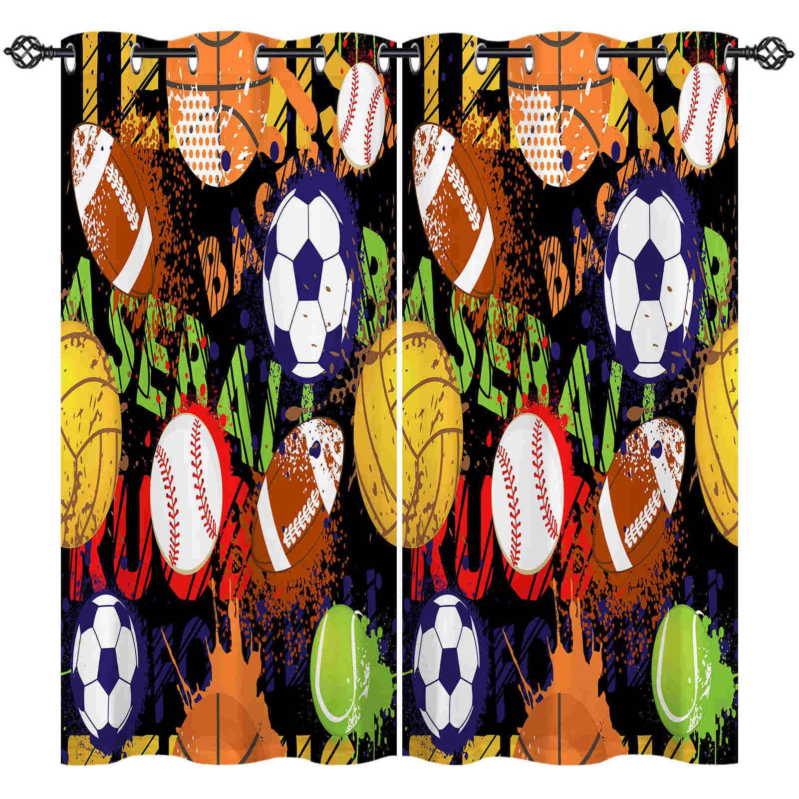 ANHOPE Sports Curtains Eyelet Soft Thermal Insulated Blackout Curtains Basketball Football Volleyball Baseball Print Pattern Ring Top Window Drapes for Kids Bedroom Living Room 52 x 63 Inch 2 Panels