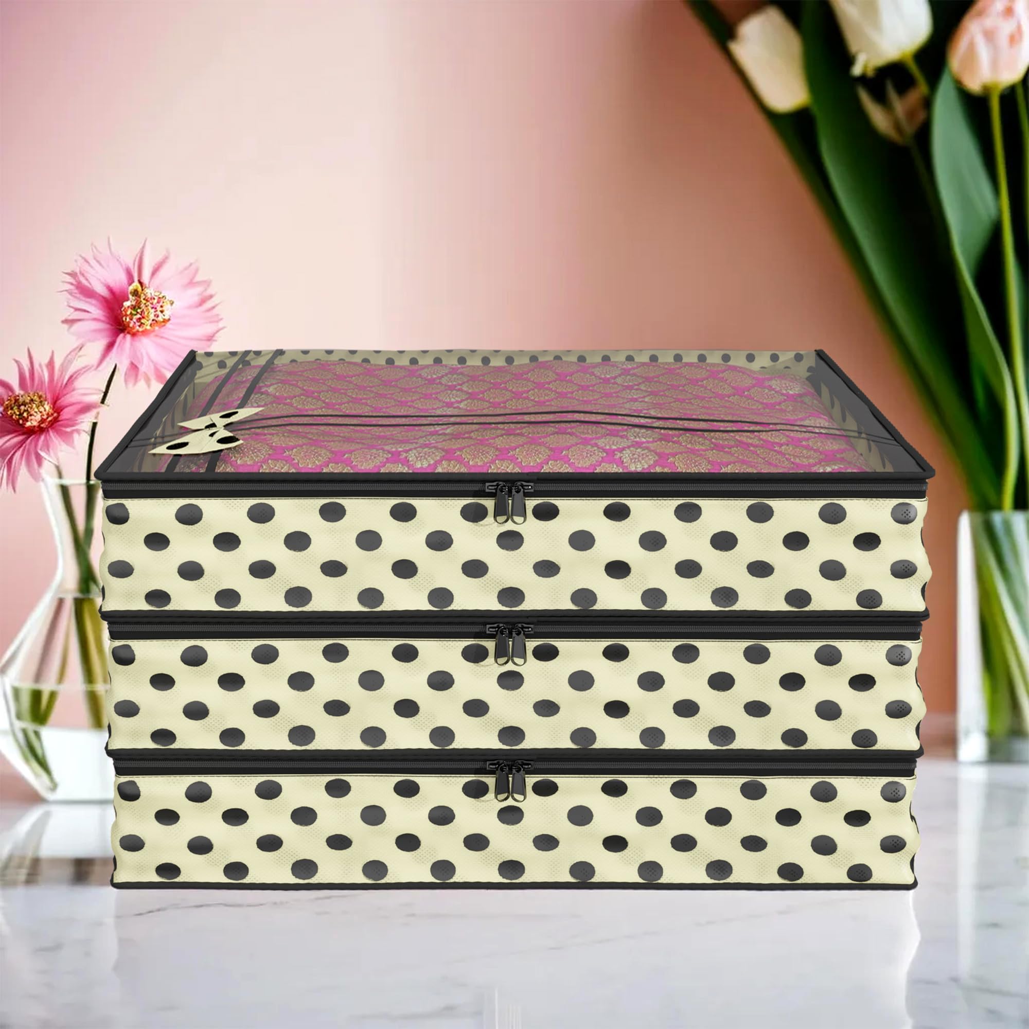Kuber Industries Saree Cover | Dot Bow-Design Clothes Storage Bag | Suit Packing Cover | Wardrobe Cloth Storage Organiser with Zip | 3 Inch | Pack of 3 | Cream