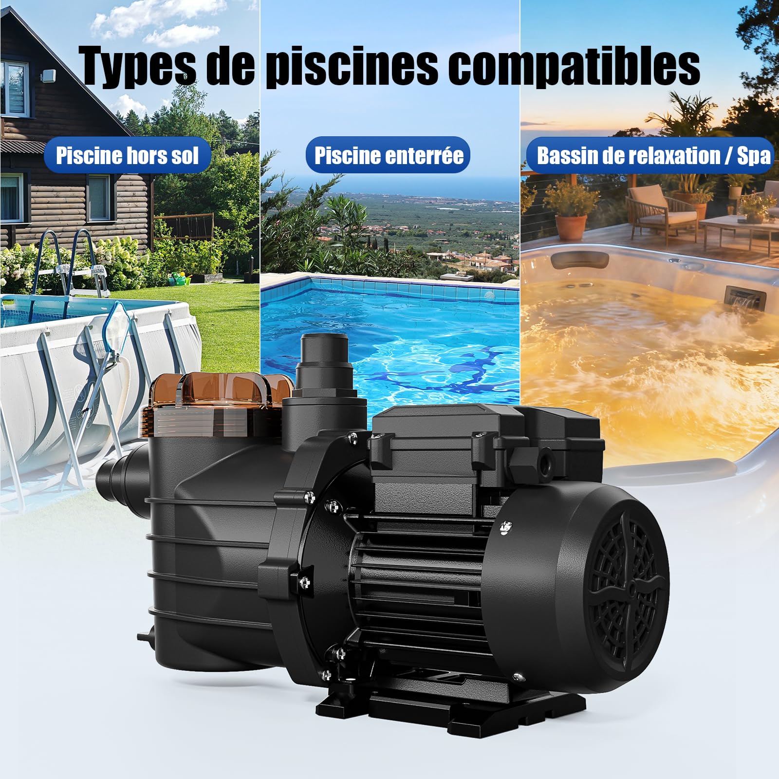 LEADZM Pompe piscine 30 m³, 250 W, 7,9 m³/h, Pompe filtration piscine hors sol pour système de filtration à sable