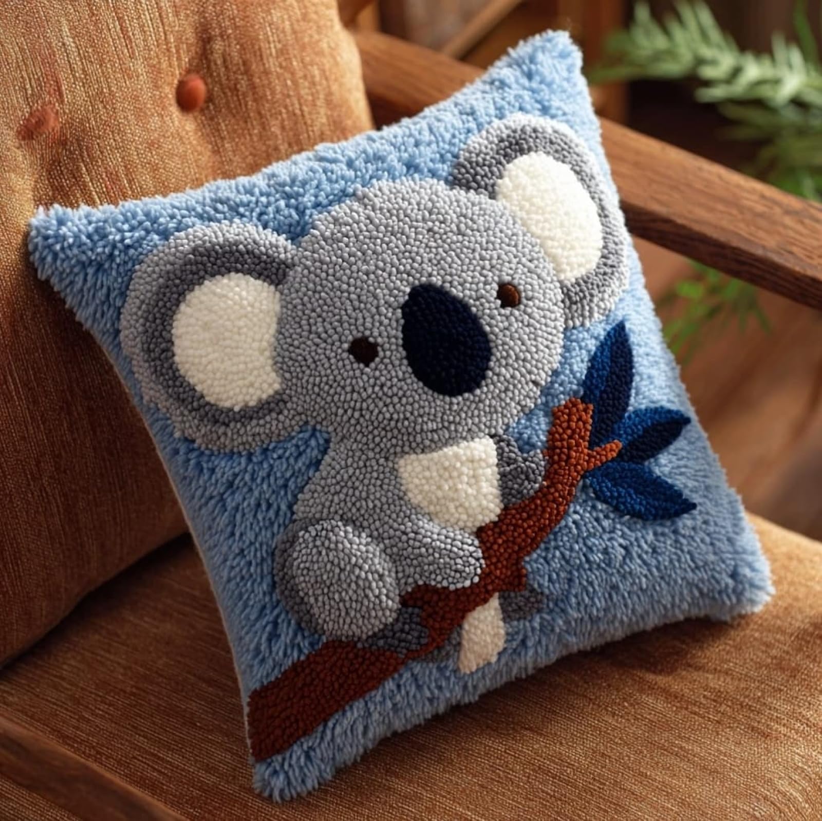 AxiangziK Latch Hook Needlecraft Pillow Kit 43x43cm,Animal Koala Pre-Printed Pattern Cushion Making Set,Great for Relaxation & Home Styling,17x17in
