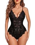 Women One Piece Lingerie Deep V Teddy Sexy Lace Bodysuit Snap Crotch Babydoll