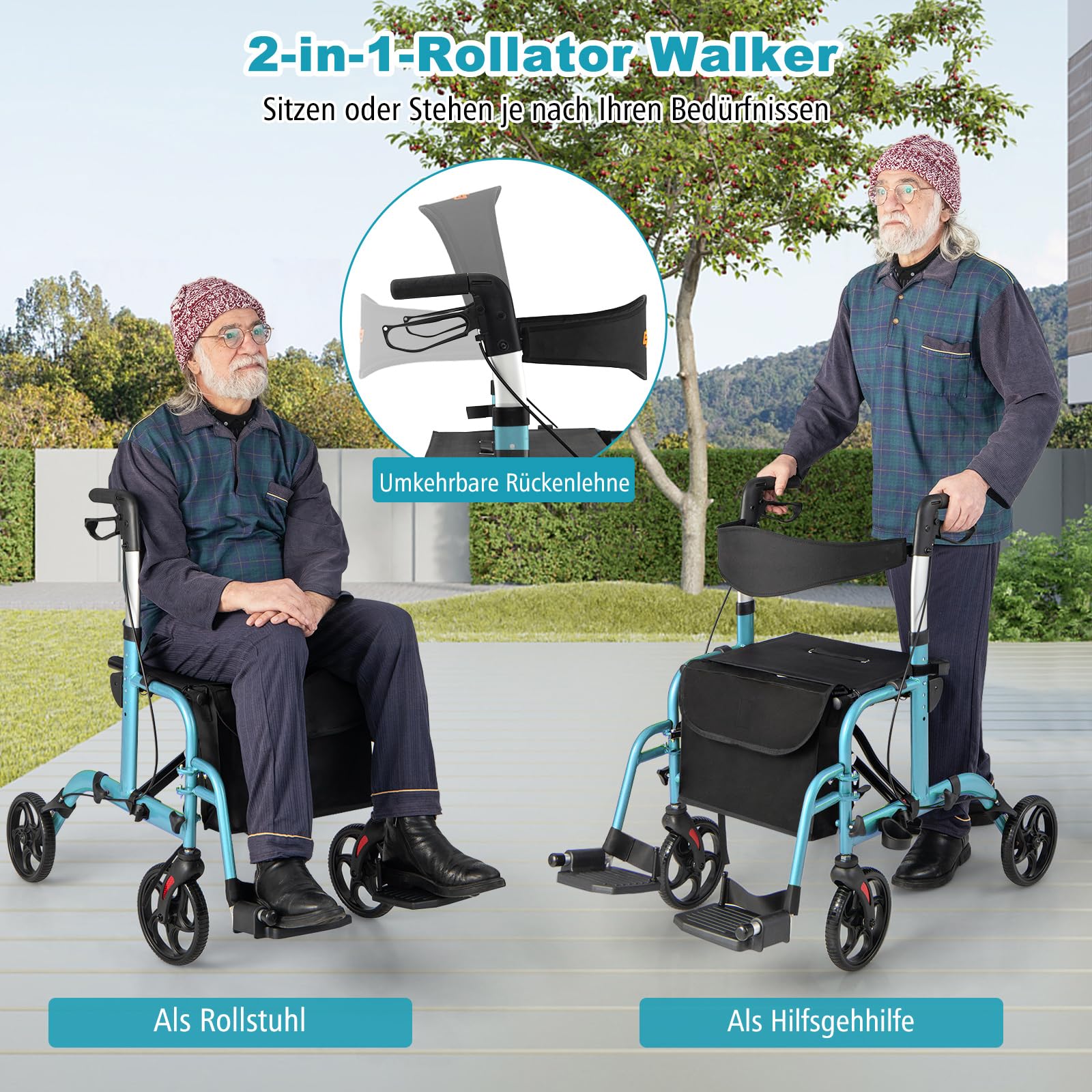 COSTWAY Rollator faltbar und leicht mit Sitz, 2 in 1 Rollstuhl & Reiserollator Leichtgewicht, Gehhilfe 6-fach höhenverstellbar, Gehwagen mit Tasche & Bremsen & Stockhalter, Aluminium (blau)