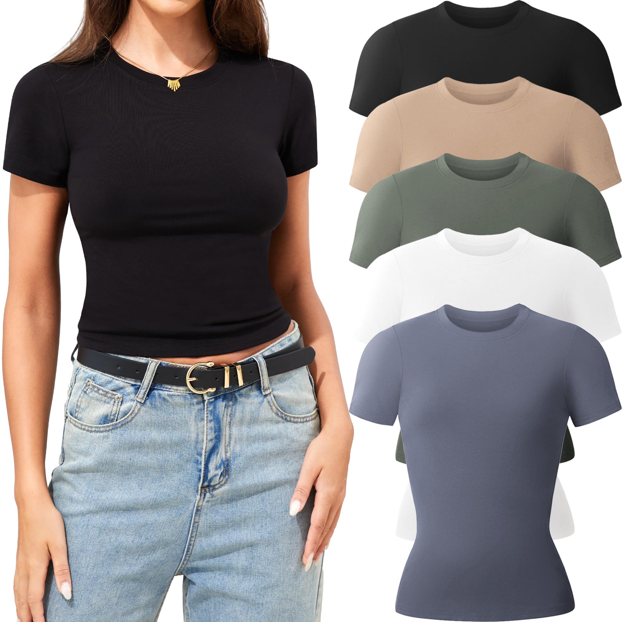 miijoory 3/5er Pack Tshirt Damen Kurzarm Rundhalsausschnitt Oberteile Basic Shirt Damen Casual Sommer Slim Fit Crop Tops