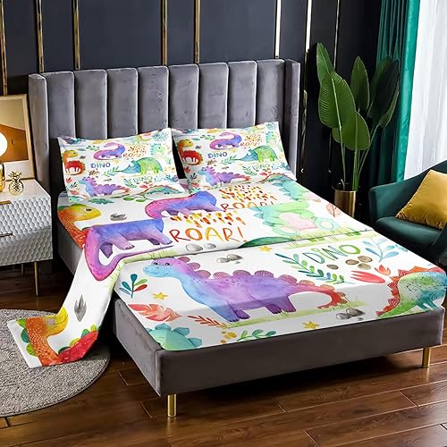 Miniatura 3 de CVHOUSE Sábana bajera ajustable de dinosaurio, juego de ropa de cama de dinosaurio, juego de sábanas de dinosaurio para niños y adolescentes, 1
