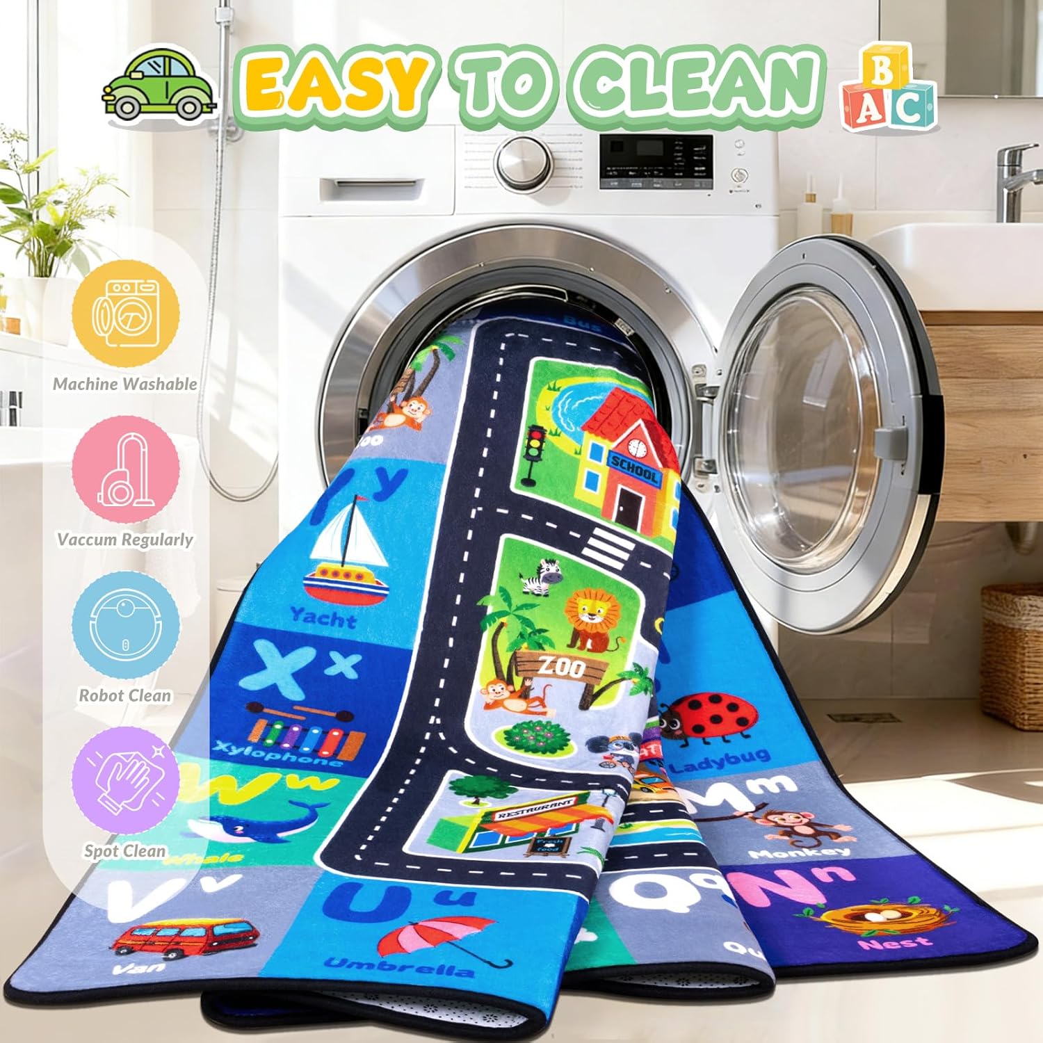 Car Rug Playmat, City Road Map Kids Rug, Educational Learning Play Mat, Soft Non-Slip Machine Washable ABC Alphabet Carpet for Bedroom Nursery Preschool Classroom