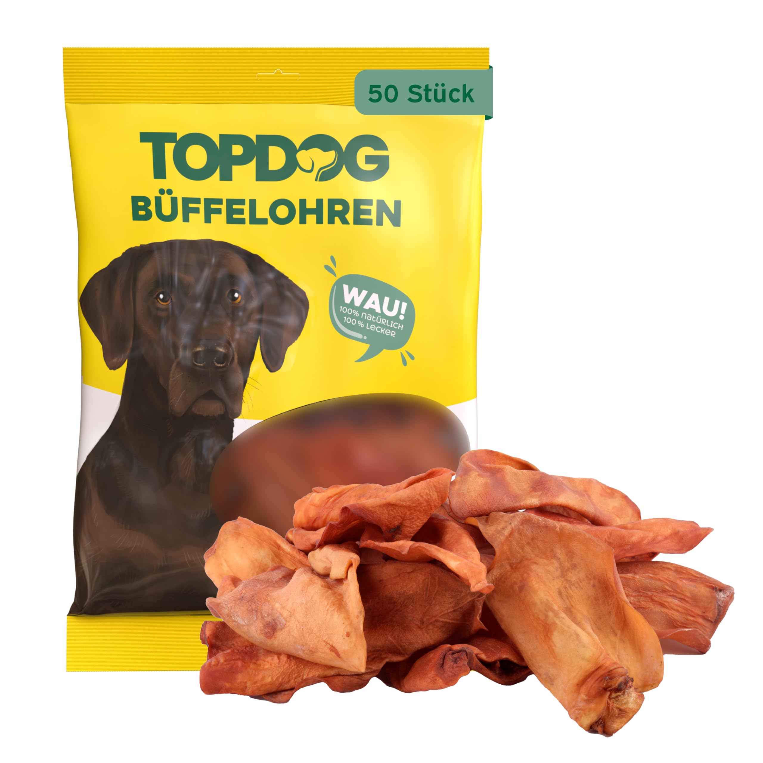 Topdog Büffelohren für Hunde 50 Stück - Wie Rinderohren - Ganze getrocknete Rinderohren für Hunde ohne fettige Muschel - Knabberohren mit Kauspaß, Genuss und Pflege