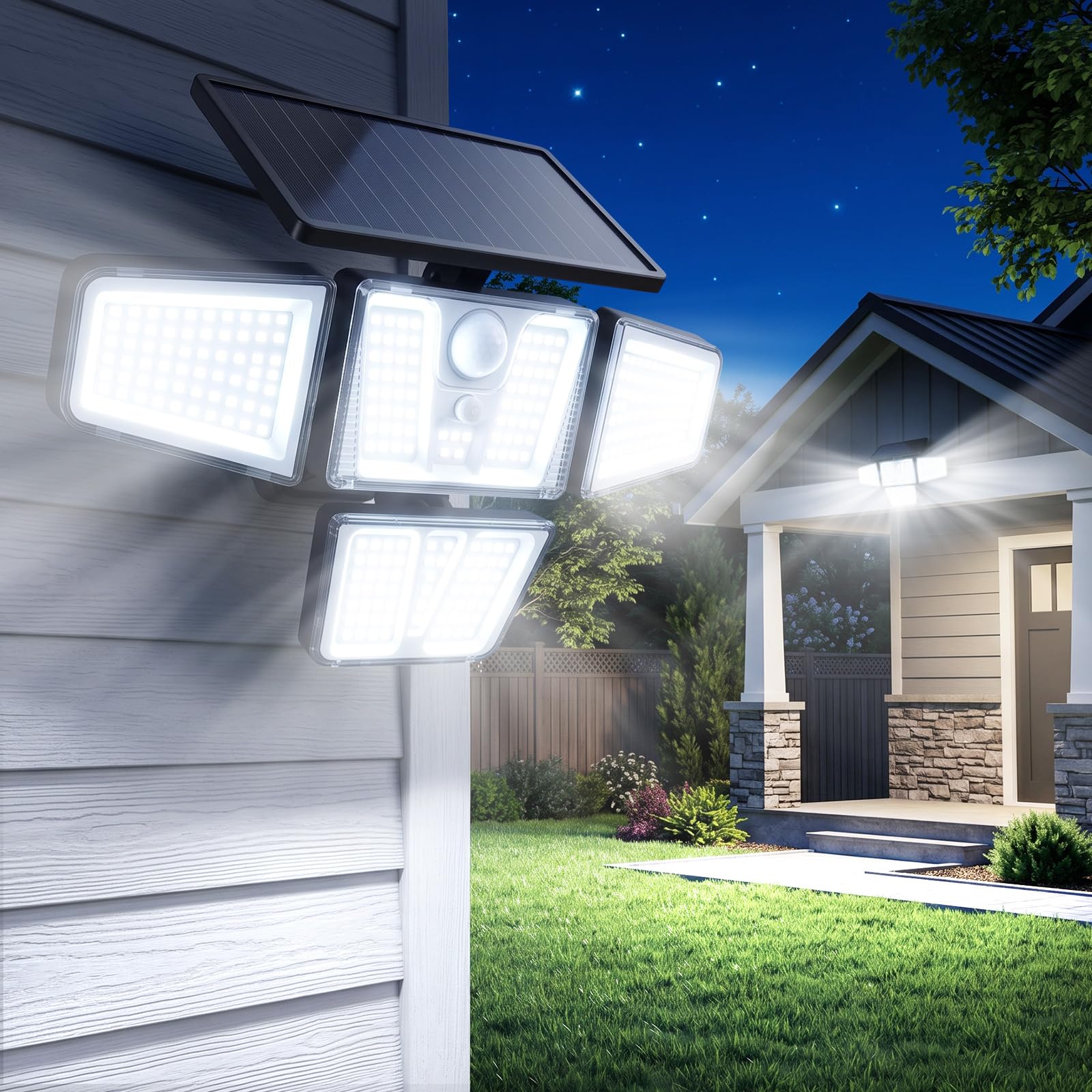 4 Stück Solarlampen für Außen mit Fernbedienung, 257 LEDs Außenlampe mit bewegungsmelder, 3 Modi, 4 Verstellbare Lampenköpfe, IP65 Wasserdichte Solarleuchte für Garage, Garten, Hof, Rasen