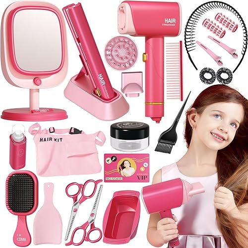 Kit de peluquería de princesa para peluquería, juego de juguetes de maquillaje para niños pequeños. Incluye secador de pelo, rizador, espejo.