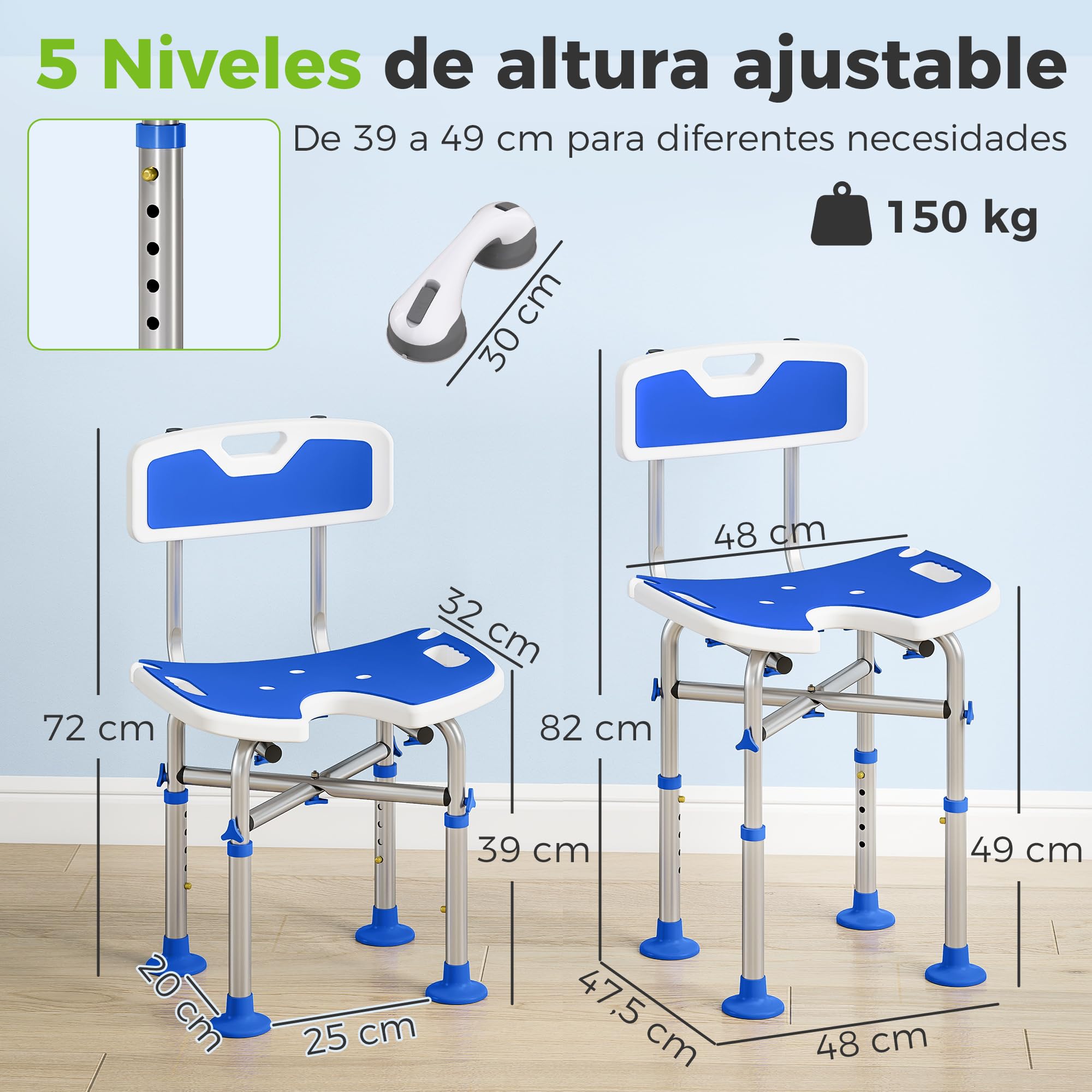 HOMCOM Silla Ducha Personas Mayores con Respaldo Antideslizante 150 kg | Altura Ajustable en 5 Posiciones, Soporte para Alcachofa, para Ancianos y Discapacitados