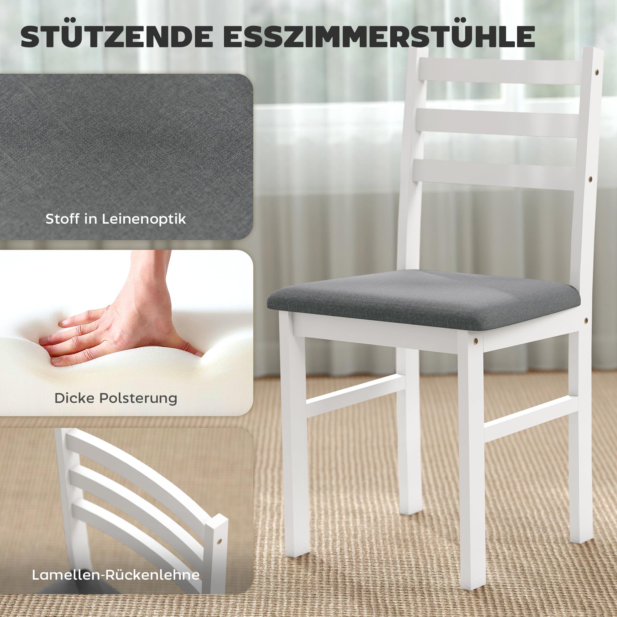 HOMCOM Essgruppe Holz 80 x 60 cm Esstisch mit 2 Stühlen Platzsparend Esszimmergruppe Sitzgruppe Rechteckig Küchentisch mit gepolsterten Essstühlen für kleine Raum, Esszimmer, Küche, Weiß