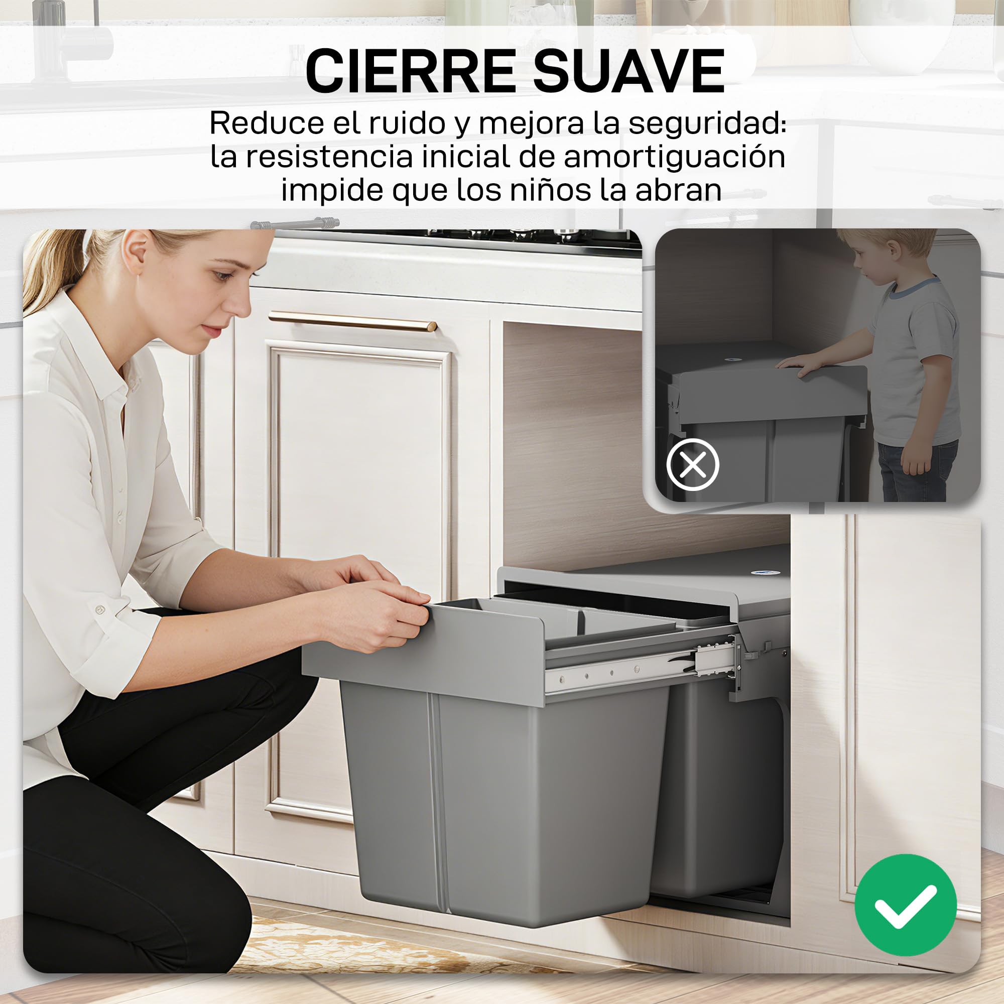 HOMCOM Cubo de Basura bajo Fregadero con 2 Cubos 30L (15Lx2) Gris Claro | Cubos de Basura, 2 Contenedores de Reciclaje Extraíbles, Fijación Inferior, para Reciclaje y Residuos
