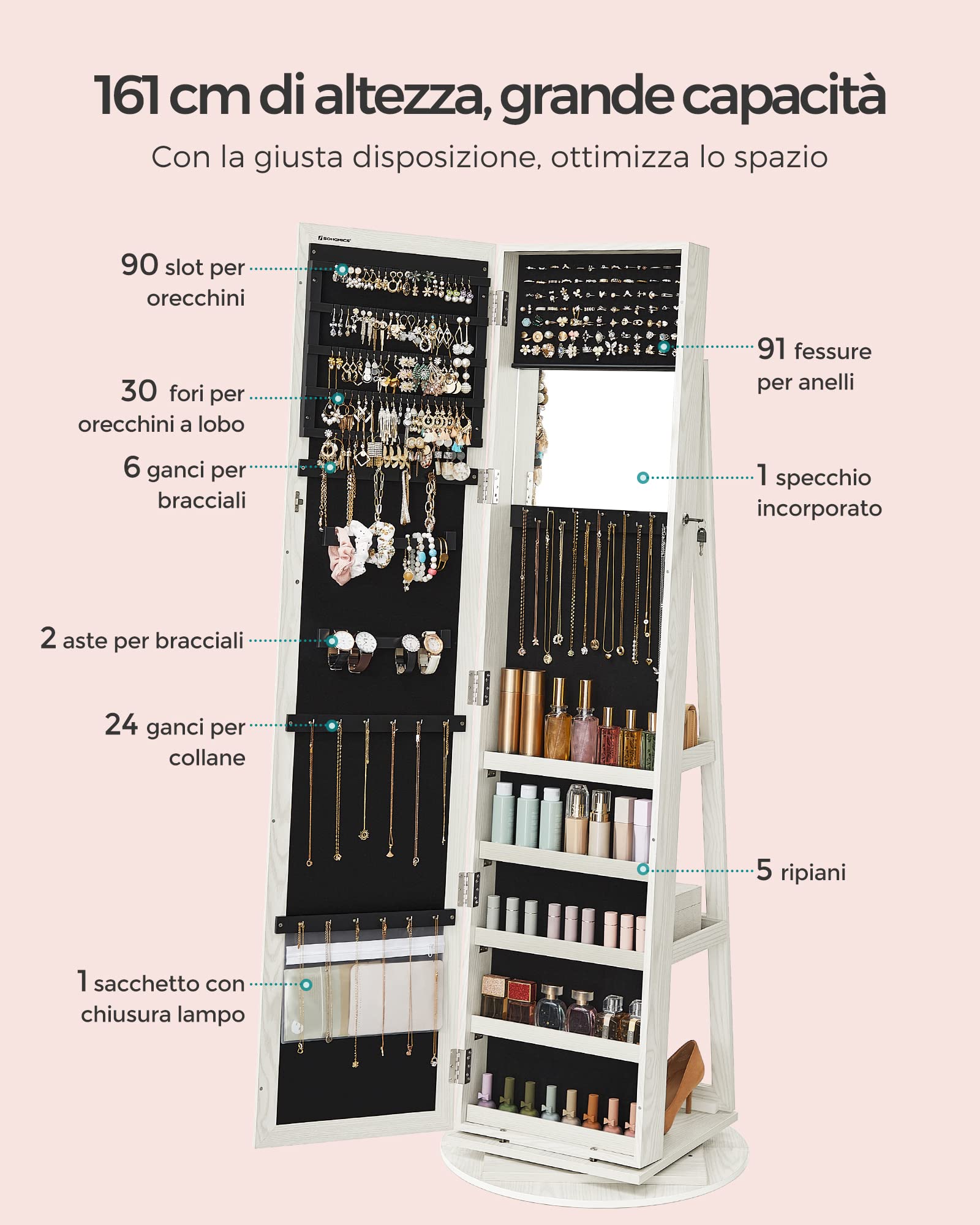 SONGMICS Armadietto Portagioie Girevole a 360° Specchio a Figura Intera, Specchiera Portagioielli con Serratura, Specchietto Interno, Ripiani sul Retro, Bianco con Venature Grigie Chiare JBC62W
