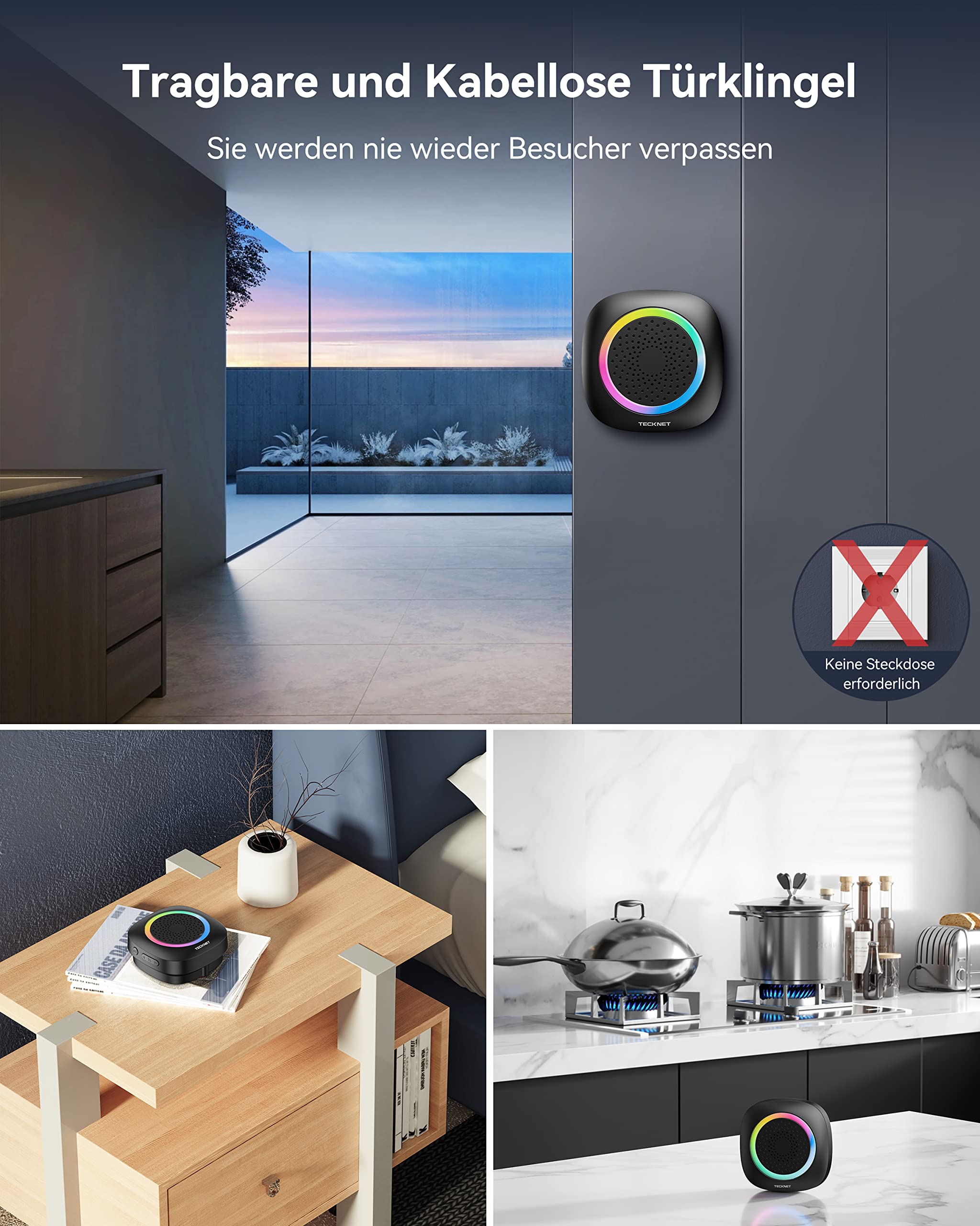 TECKNET Funkklingel, Funkklingel Aussen Wasserdicht 2 Empfänger Mit RGB Licht, 60 Melodien, IP66 Funk Klingel Set, 400m Kabellose Türklingel Batteriebetrieben Kit mit 4,5 Jahre Lebensdauer