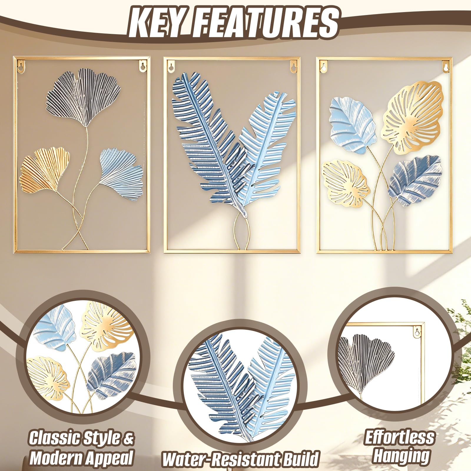 TECKZOON Set di 3 quadri da parete in metallo, 43 x 30 cm, con cornice dorata, decorazione da parete moderna per camera da letto, cucina e ufficio (oro/blu, ginkgo, ocra e foglie di banano)