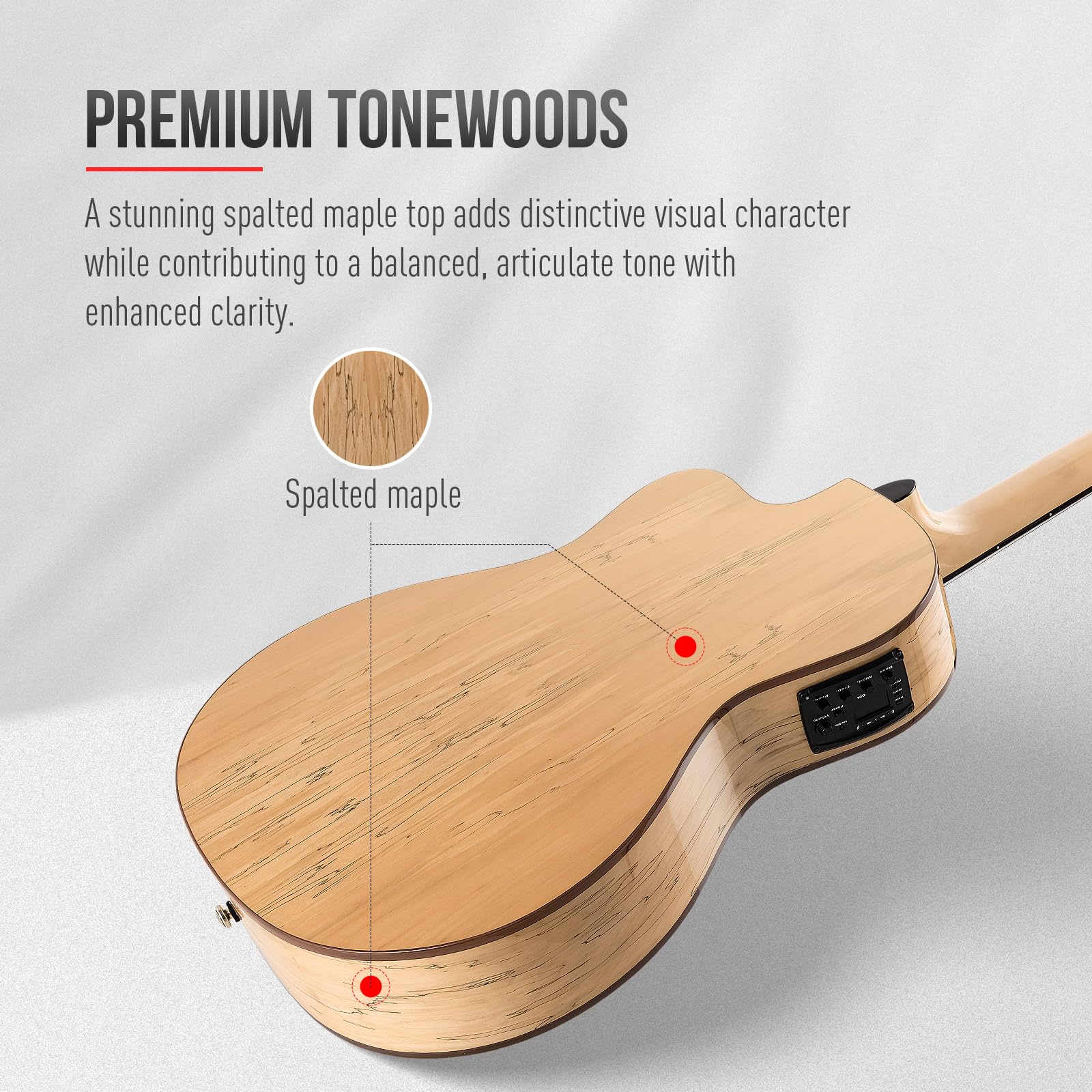 SONICAKE 39" Guitarra Acústica-Eléctrica Crossover | con Afinador, Pastilla y Preamp, Tapa de Picea Maciza, Cuerpo de Arce Vetado, EQ de 3 bandas, Cuerdas de Nylon QGT-30
