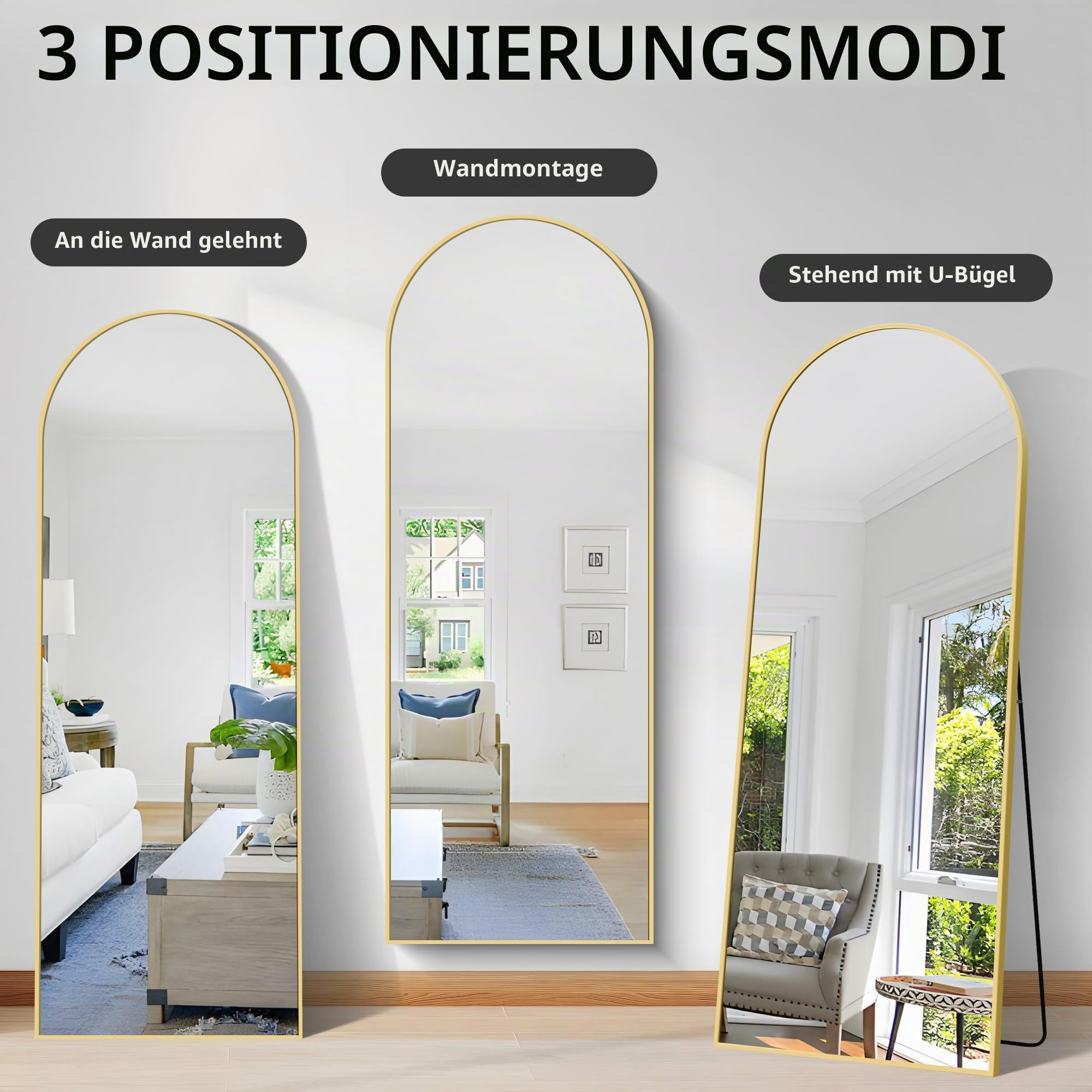 KOCUUY Bogen Standspiegel, 165 x 60 cm Großer Gewölbter Ganzkörperspiegel, Groß Wandspiegel mit Gold Aluminium Rahmen, Hängend, Stehend, Kippbar, für Wohnzimmer, Schlafzimmer und Flure