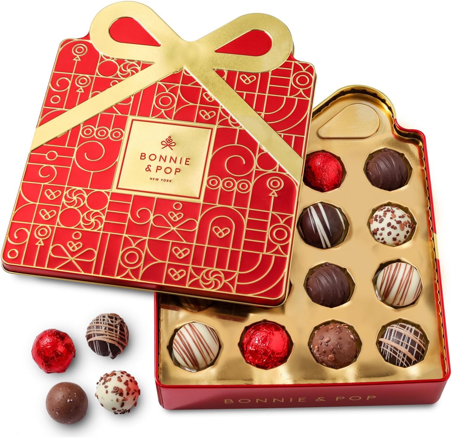 Christmas Chocolate Gift Basket, Candy Food Gifts Arrangement Platter, Gourmet Snack Gift Bow Tin Box, Present Idea, Stocking Stuffer, Corporate Him & Her, Men Women Family Parties- Gourmet Belgian Truffles- Red- Bonnie & Pop