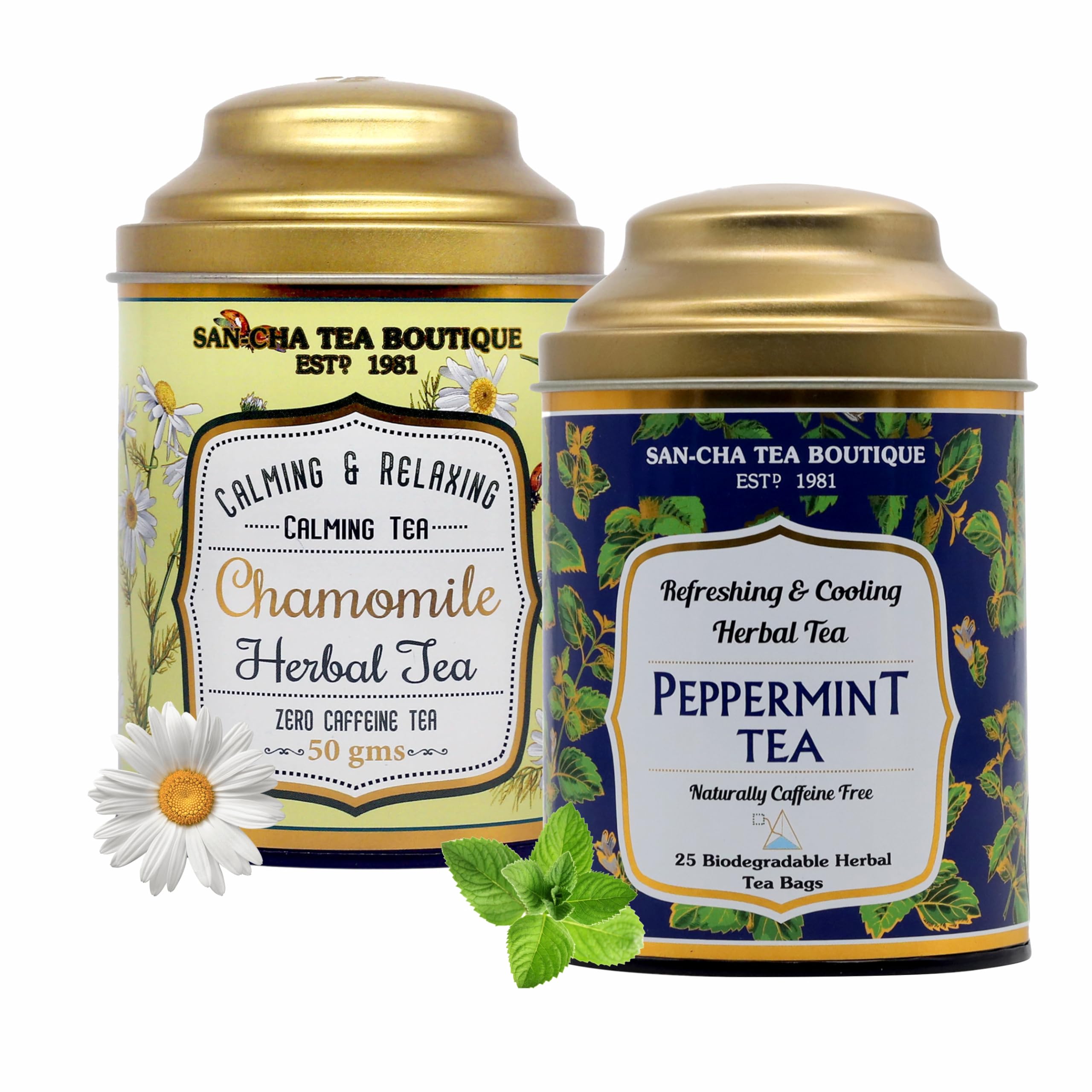 Sancha Tea Boutique, Chamomile Flower (50g) & Peppermint Herbal Teas (25 Pyramid Bags), Caffeine Free Herbal Tisanes, Refreshing & Calming Drinks