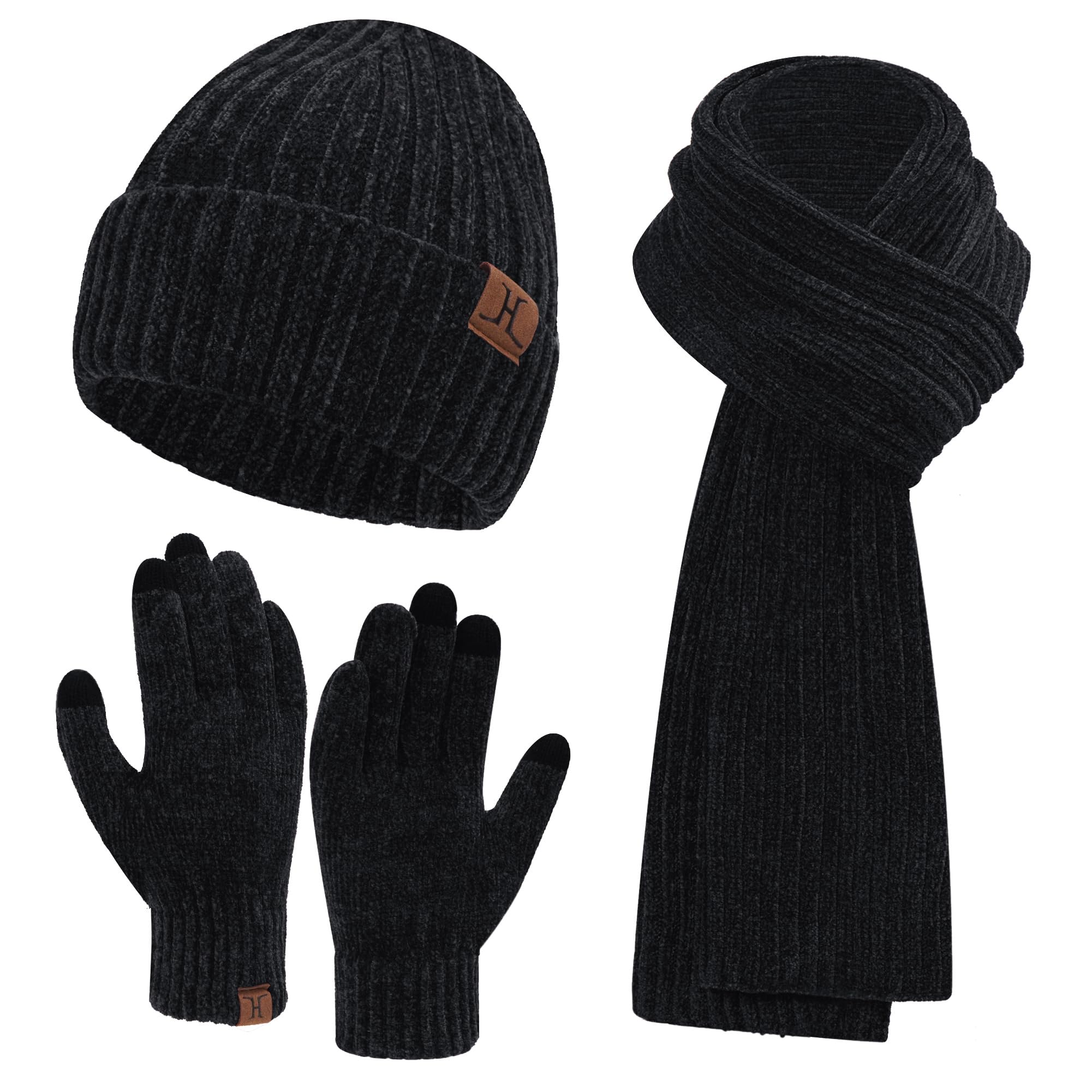 Womens Winter Knit Warm Hat Beanie Long Scarf Touch Screen Gloves Set Skull Caps Neck Scarves for Women