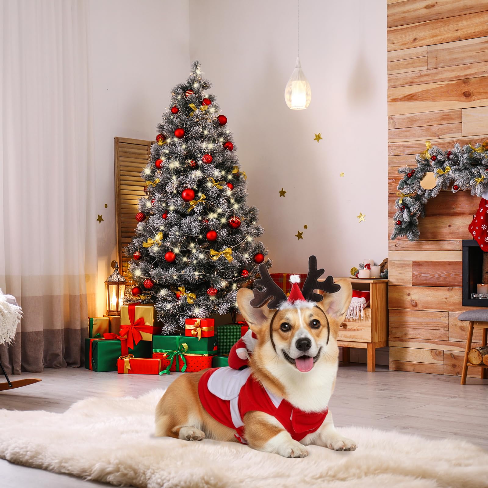 Frienda 2 Pcs Christmas Dog Costume Santa Claus Riding Pet Cosplay Costume and Reindeer Antler Headband Xmas Puppy Clothes Christmas Party Dressing up Outfit for Small Medium Large Dog Cat(X-Large)
