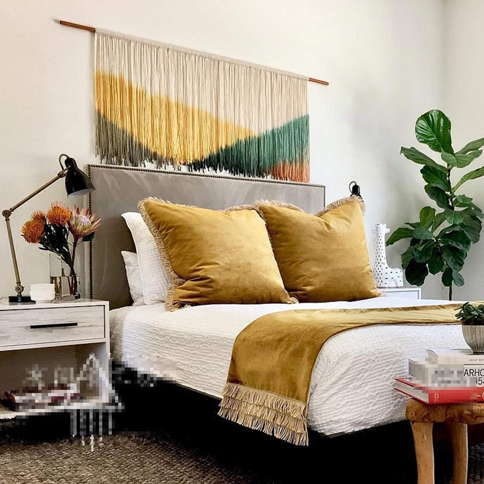 ZNKZJ Handgemachte Makramee Wandbehang Boho Dekor,Große gefärbte Makramee Wandteppich Wanddekoration,Baumwollseil gewebte Färbung Wandteppiche Kunst Wandbehänge Wohnaccessoires,Yellow_Dark Green-M