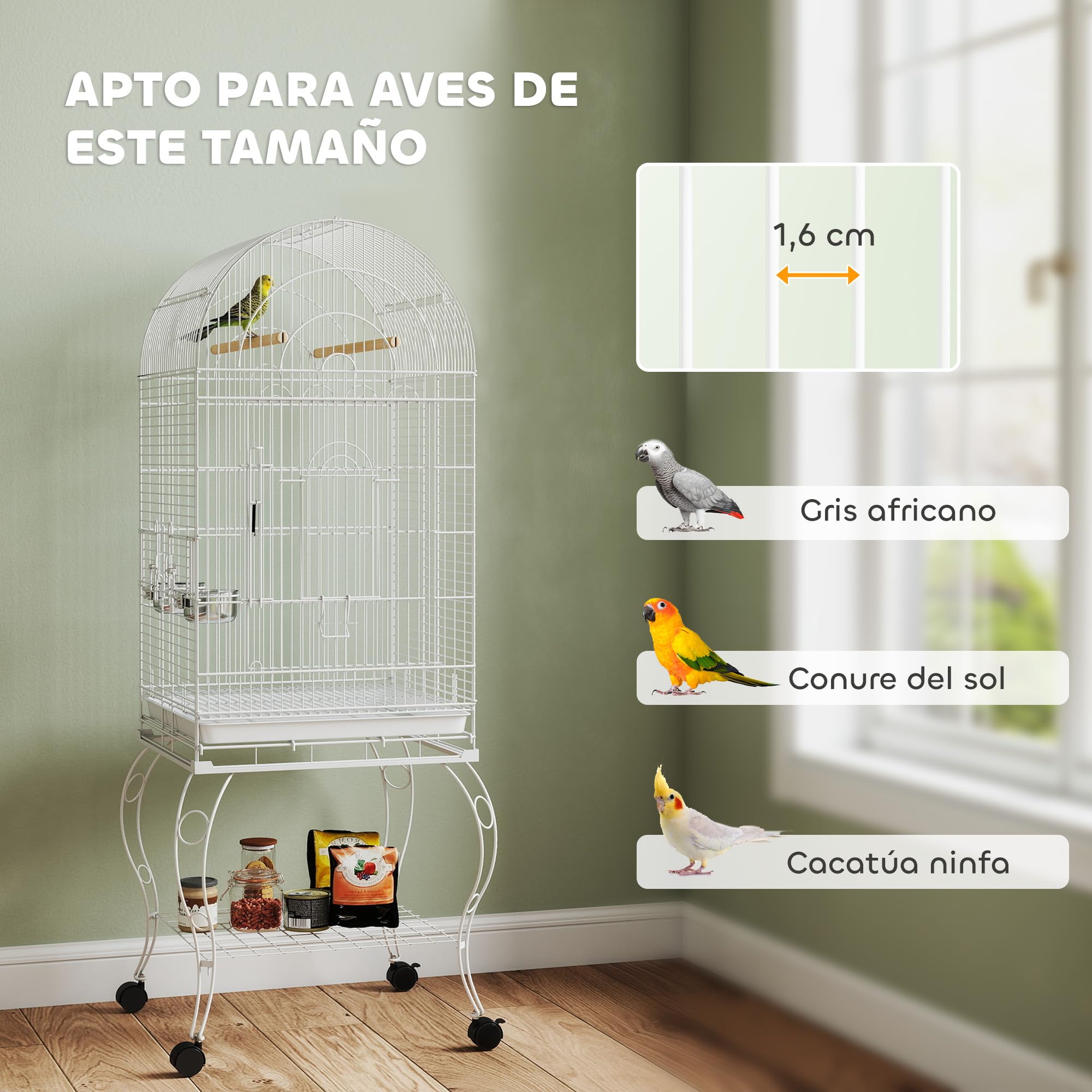 PawHut Jaula para Pájaros con Ruedas y Estante, 51x51x153 cm, Jaula Grande con Parte Superior Abatible, 2 Comederos, 2 Perchas, 4 Puertas y Bandeja Extraíble, para Loros y Canarios, Blanco