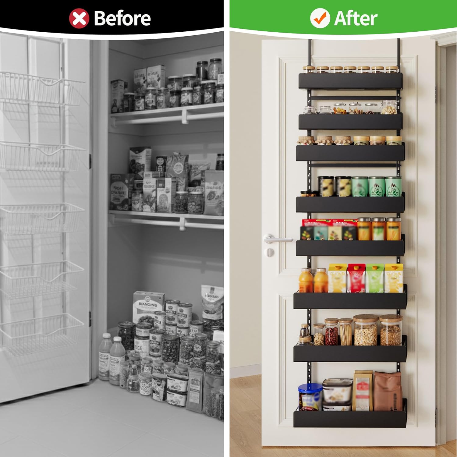Over the Door Pantry Organizer, 8-Tier Metal Over The Door Organizer, Hanging Spice Rack Shelves Door for Kitchen Pantry Organizers and Storage, Black