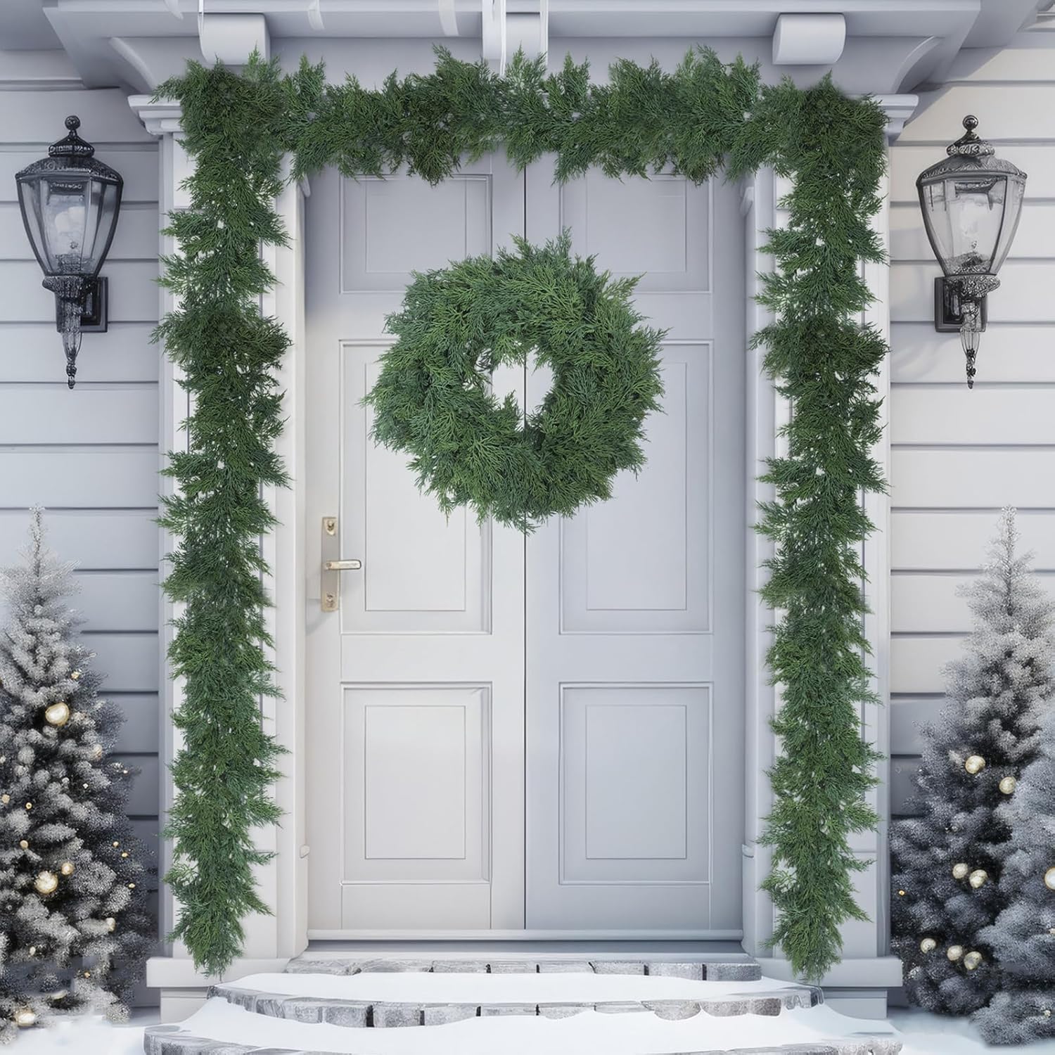 Dingion 2 Pcs 6 ft Christmas Cedar Garland - Artificial Realistic Green Faux Cedar Pine Garland Soft and Thick for Home Table, Mantle, Wall, Door, Indoor & Outdoor Christmas Party Decorations